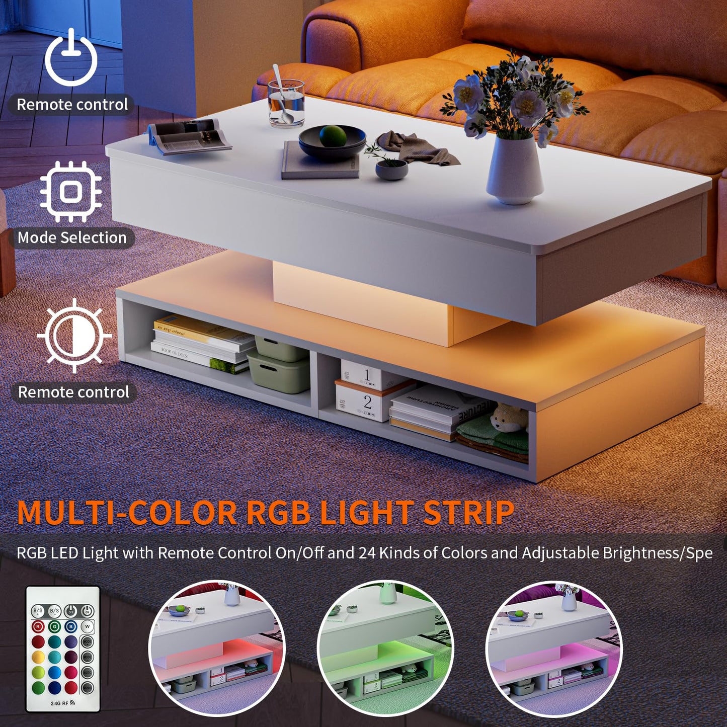 Etemnozon Lift Top LED Coffee Tables for Living Room,47.2" Living Room Table 2-Tier High Glossy Coffee Table with Open Storage,Rectangular Wooden Tea Tables for Reception Room,White