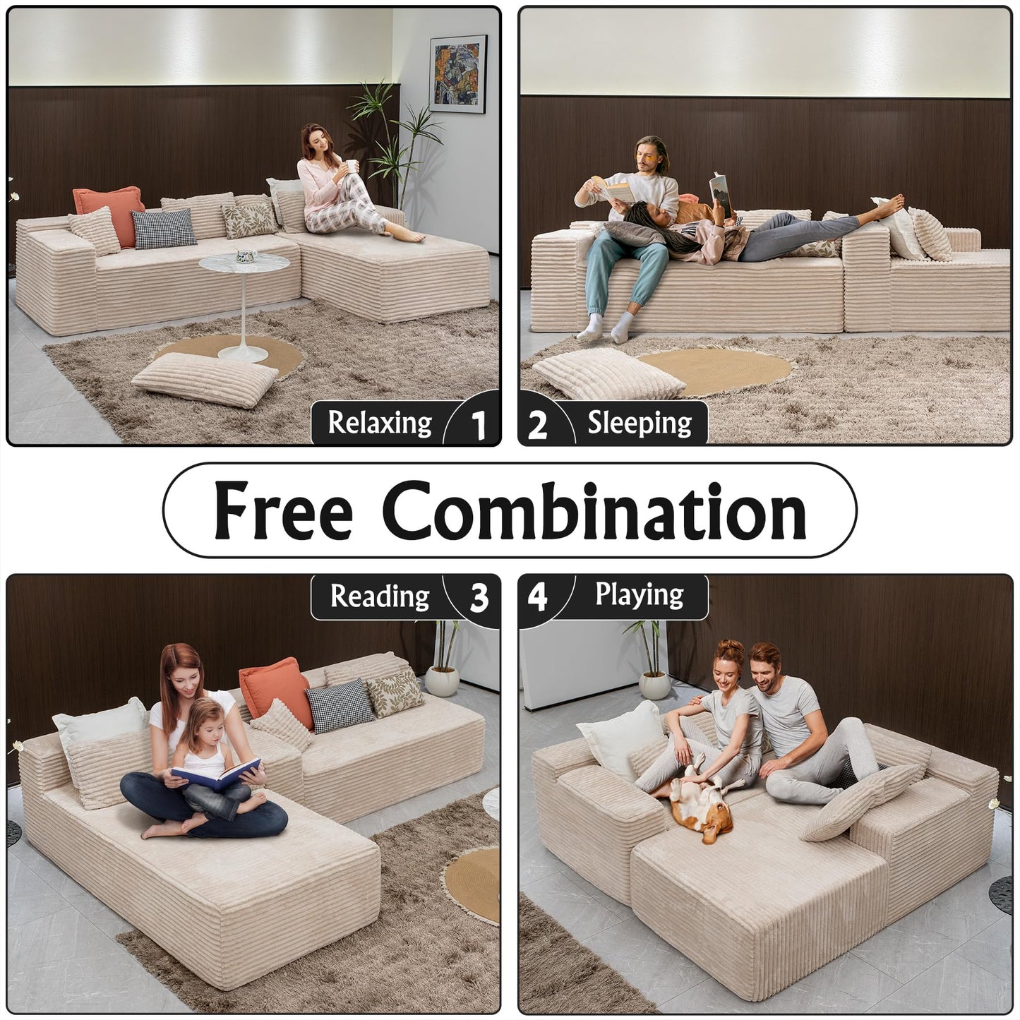 Sectional Couches for Living Room-Corduroy Couch Beige，104" Cloud Sectional Couch with L-Shape Chaise， Modern Modular Sofa, Deep Seat Comfort, No Assembly Required(Plush Corduroy Fabric)