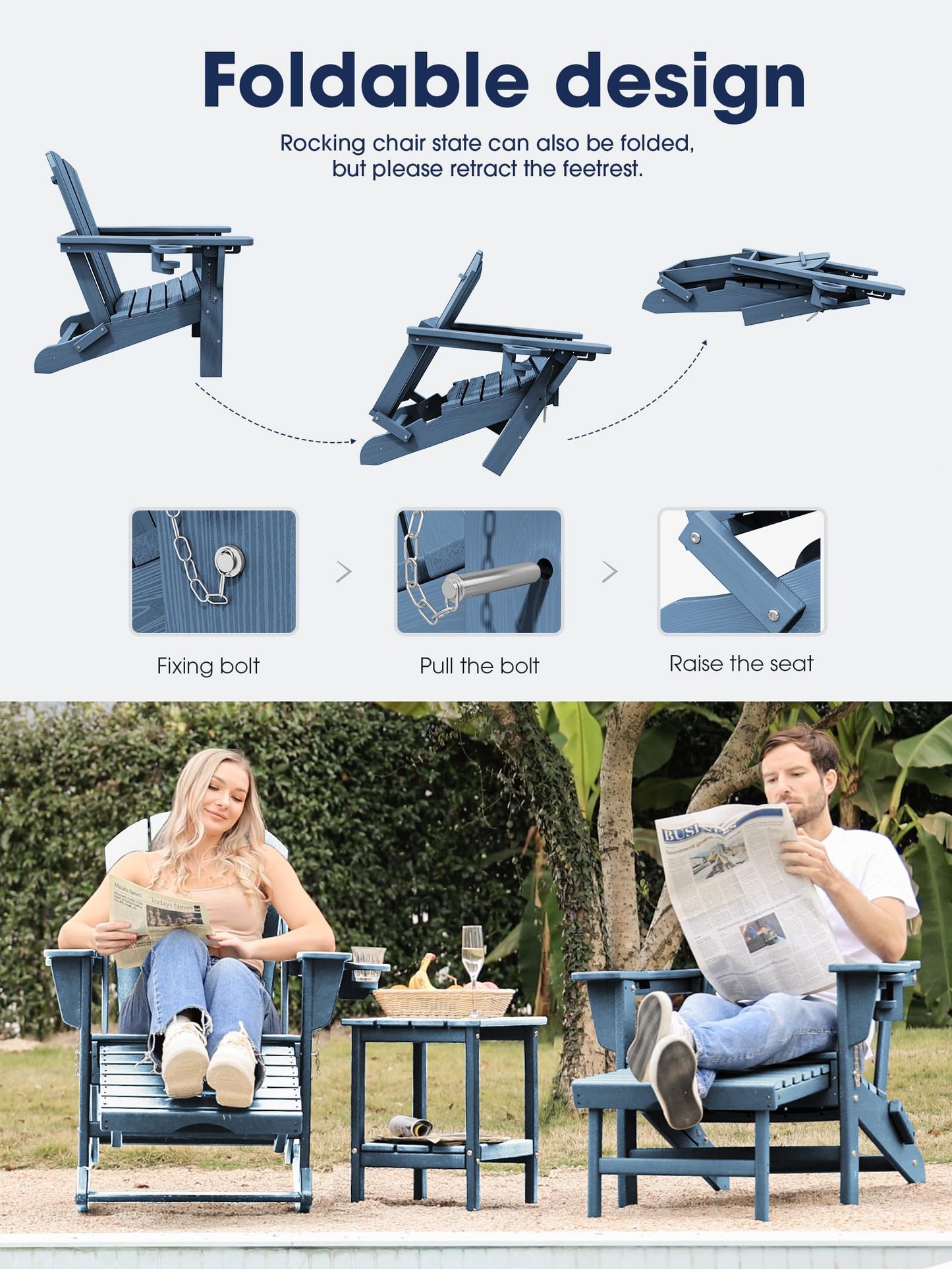 KINGYES Adirondack Rocking Chair Set of 2 with Retractable Ottoman and Cup Holders, HDPE Adirondack Rocker Patio Rocking Chair for Porch, Patio, Balcony, Deep Blue
