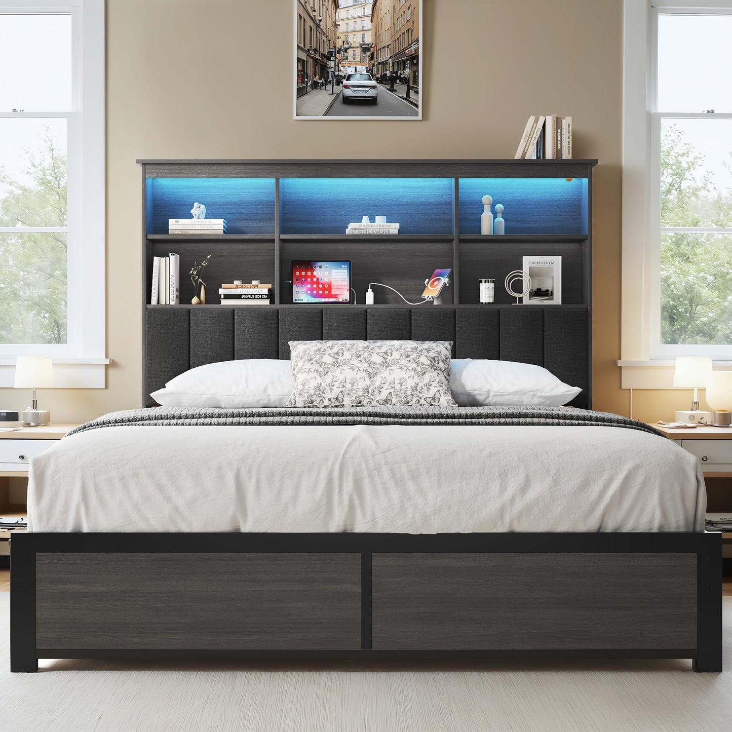 HISOFT Queen Bed Frame with Storage Headboard, Wood Bed with High Storage Bookcase, 4 Drawers & LED & Charging Station,No Box Spring Needed/Noise Free/All-Metal Support, Rustic Grey