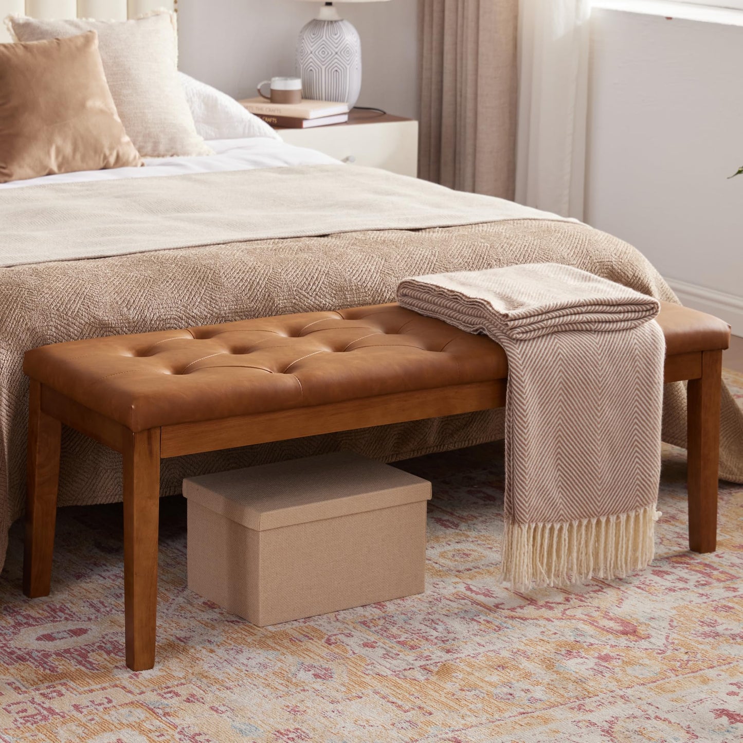 MILCIL Ottoman Bench Upholstered Padded Seat with Solid Wood Legs and Button-Tufted, Big Oversized Ottoman, Faux Leather Cognac Brown