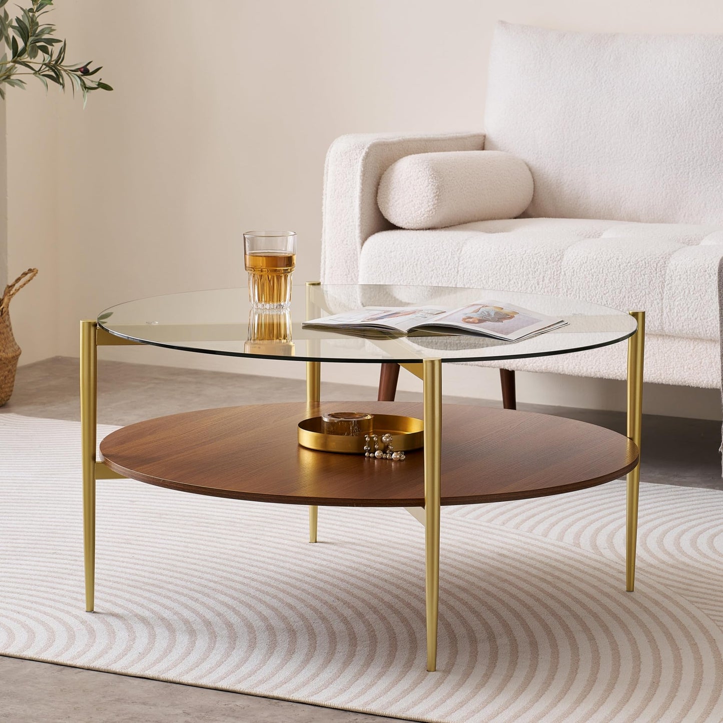 LumFurn Extra Large Round Coffee Table, Mid-Century Modern Design, D34 x H17 in, for Living Room, 2-Tier Structure, Clear Glass Top and Walnut MDF Shelf, Sleek Conical Metal Legs with Gold Finish