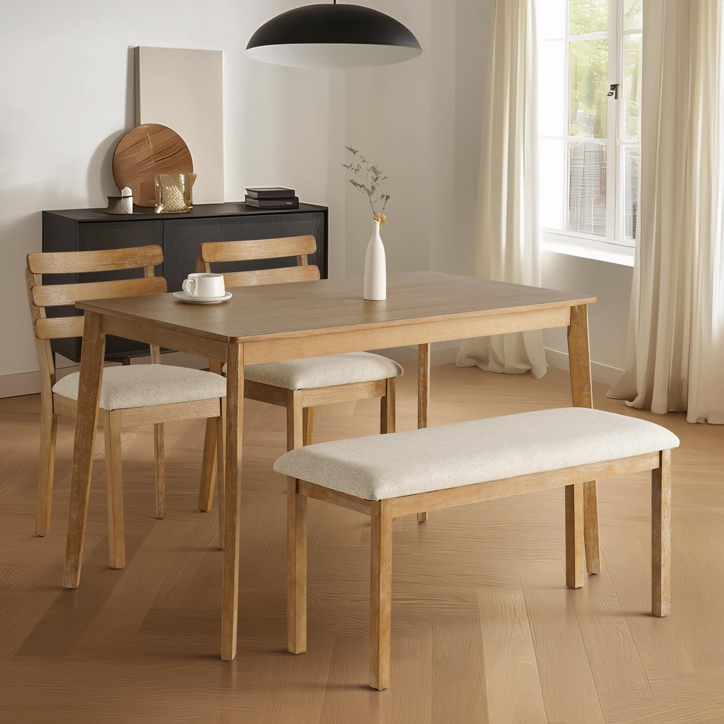 SIMTONAL 6-Piece Farmhouse Dining Set, Mid-Century Modern Wooden Table & Upholstered Chair Set for Home, Kitchen, Dining Room, 4 Chairs, Bench Seat, Solid Wood Legs
