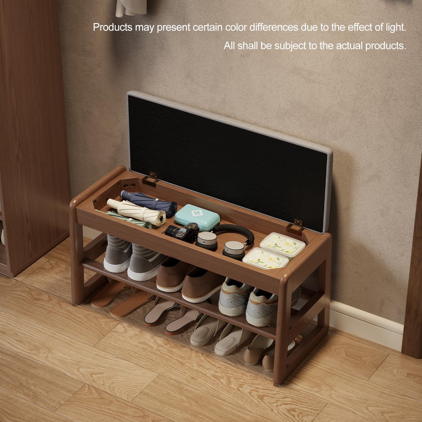 AQIMUELE Shoe Rack Bench with Cushion,2 Tiers Shoe Bench with Flip-Top Storage,Wood Shoe Rack for Entryway,Hallway（Walnut,31.5"）