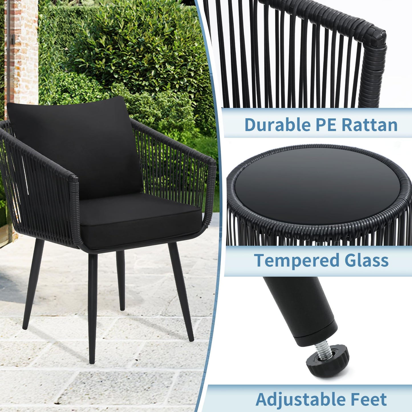 Kromax 3 Pieces Patio Rattan Bistro Conversation Set, Outdoor All-Weather Wicker Furniture Chairs and Side Table Set Ideal for Balcony, Porch and Backyard, Black