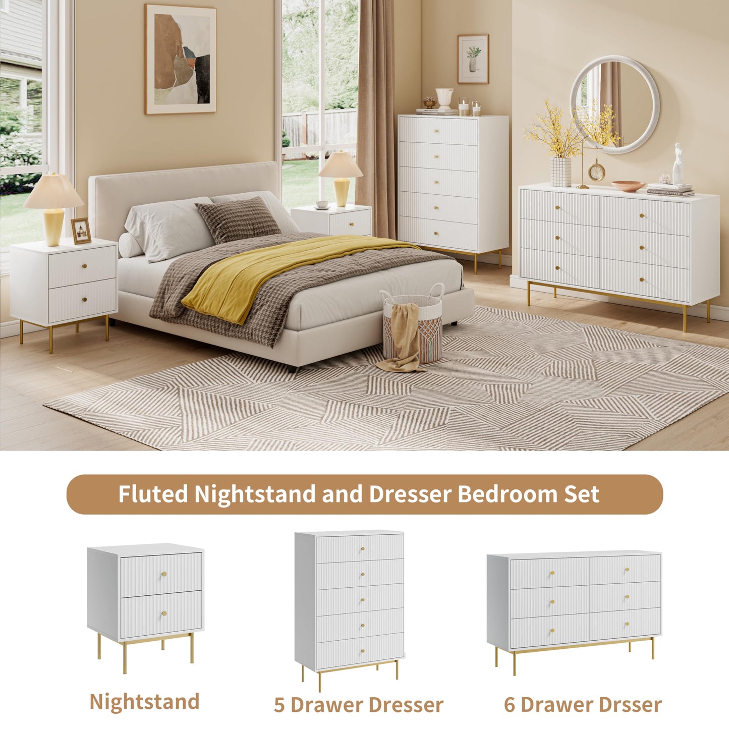 MAISONARIA 6 Drawer Double Dresser for Bedroom, White Dresser with Gold Handles, White 6 Drawer with Fluted Panels for Bedroom