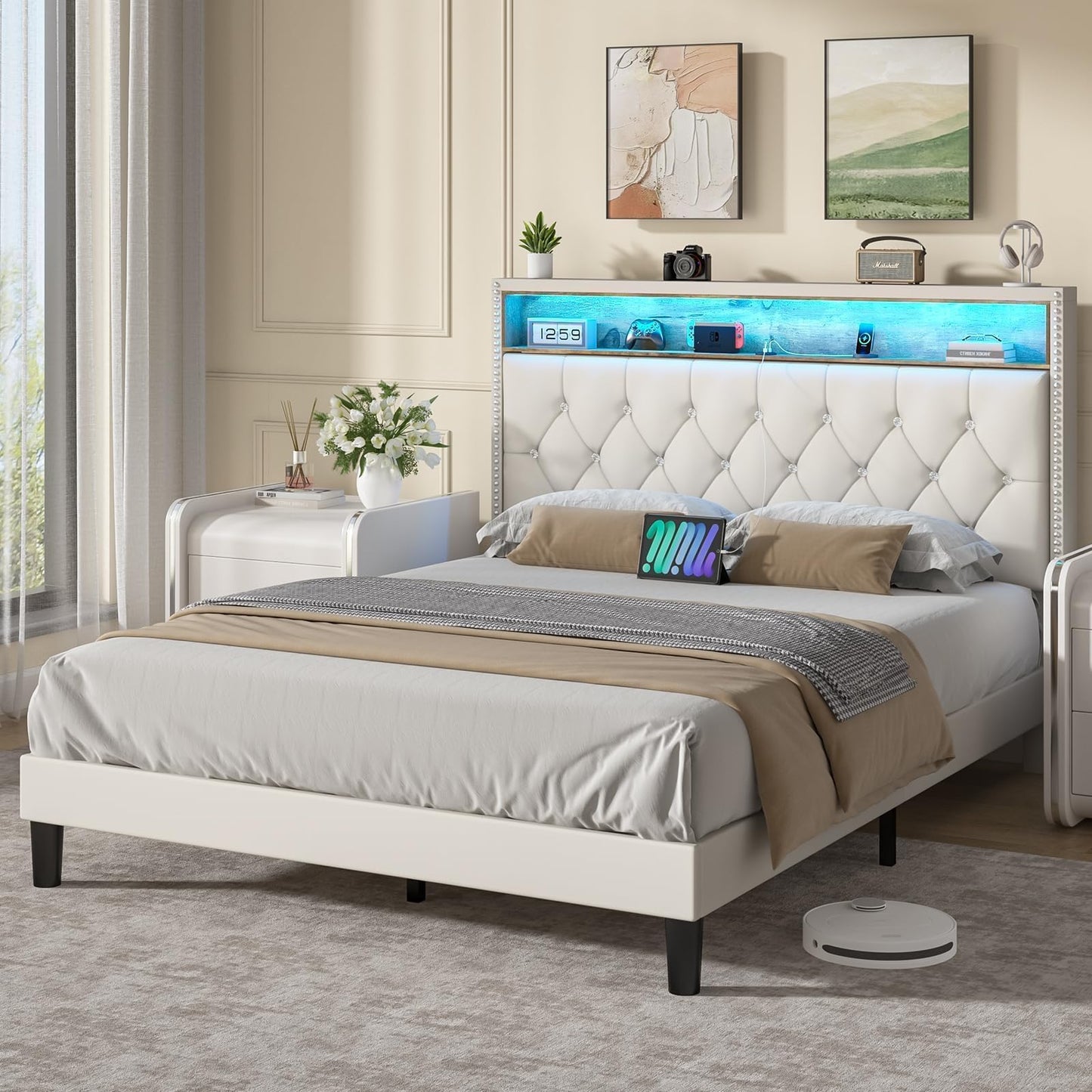 Full Size Bed Frame with LED Lights, Velvet Upholstered Platform Bed with Storage Headboard and Charging Station, Full Bed Frame with Diamond Design, Wood Slats Support, No Box Spring Needed, Beige
