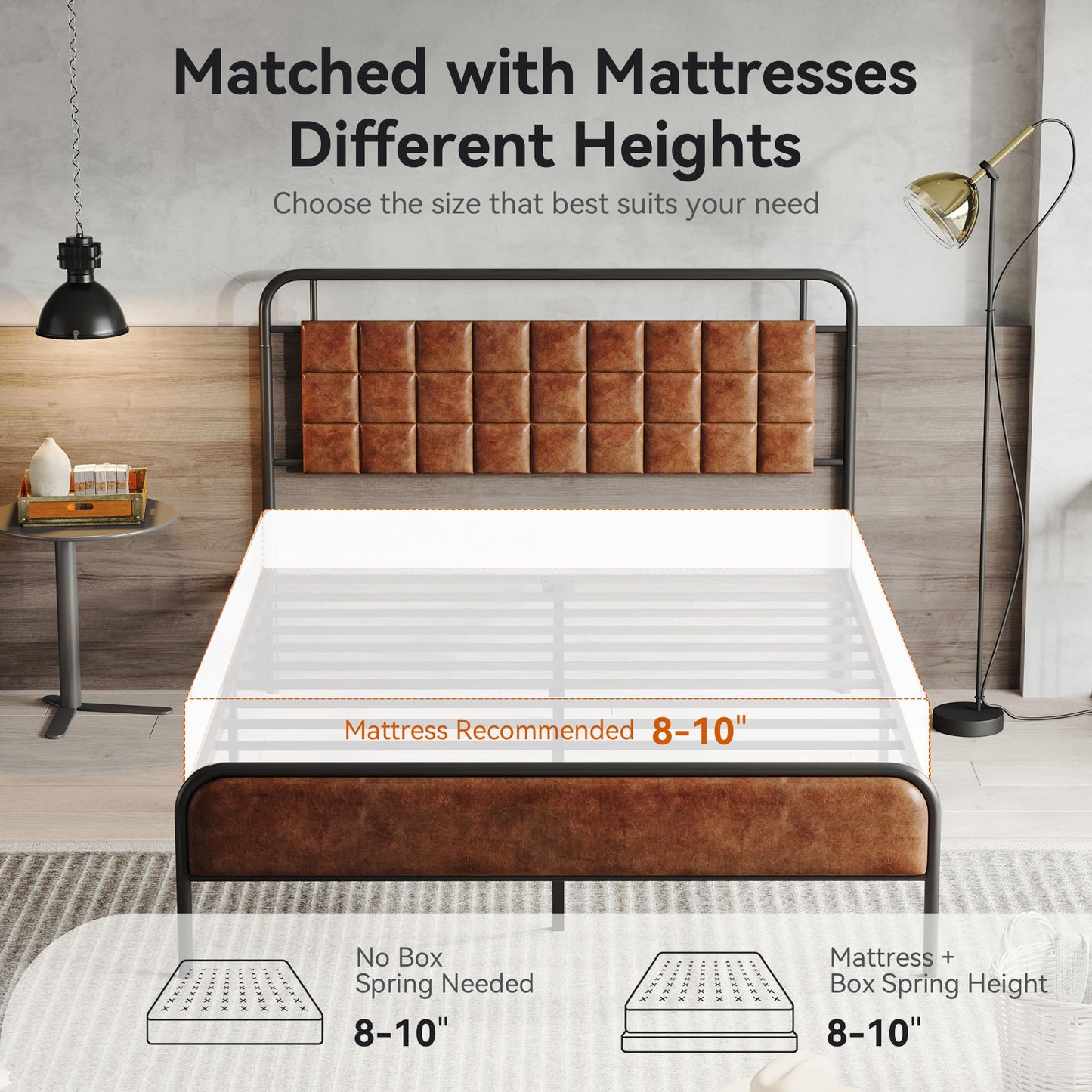 Susalt PU Leather Queen Bed Frame, Queen Size Metal Platform Beds with Upholstered Headboard & Footboard, 12" Underbed Storage Space, Easy Assembly, Noise-Free, No Box Spring Needed, Brown