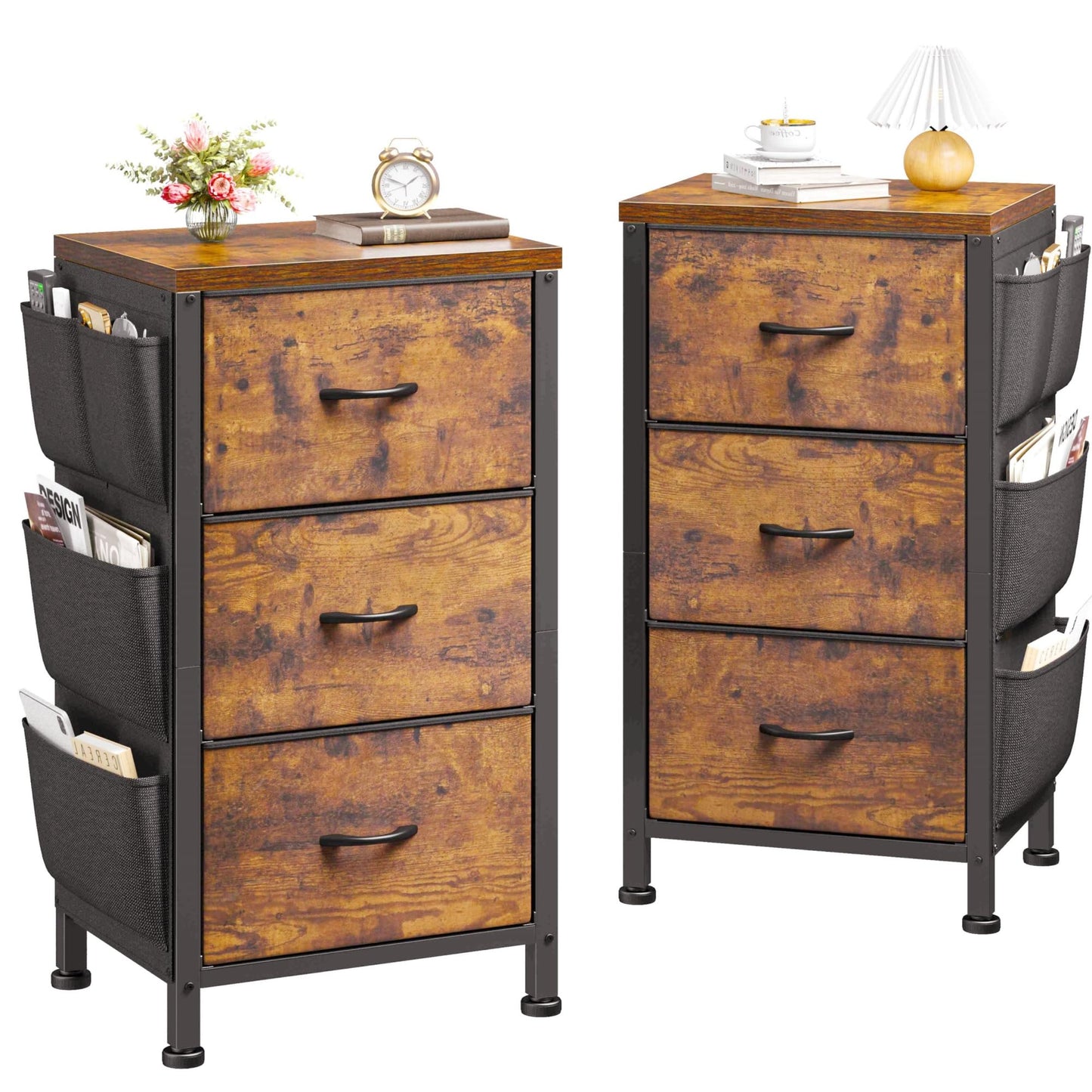 Night Stand Set 2, Night Stand with 3 Drawers for Bedroom, Bedside Table with Wooden Top, Sturdy Steel Frame End Table, Small Dresser for Bedroom, Entryway, Rustic Brown