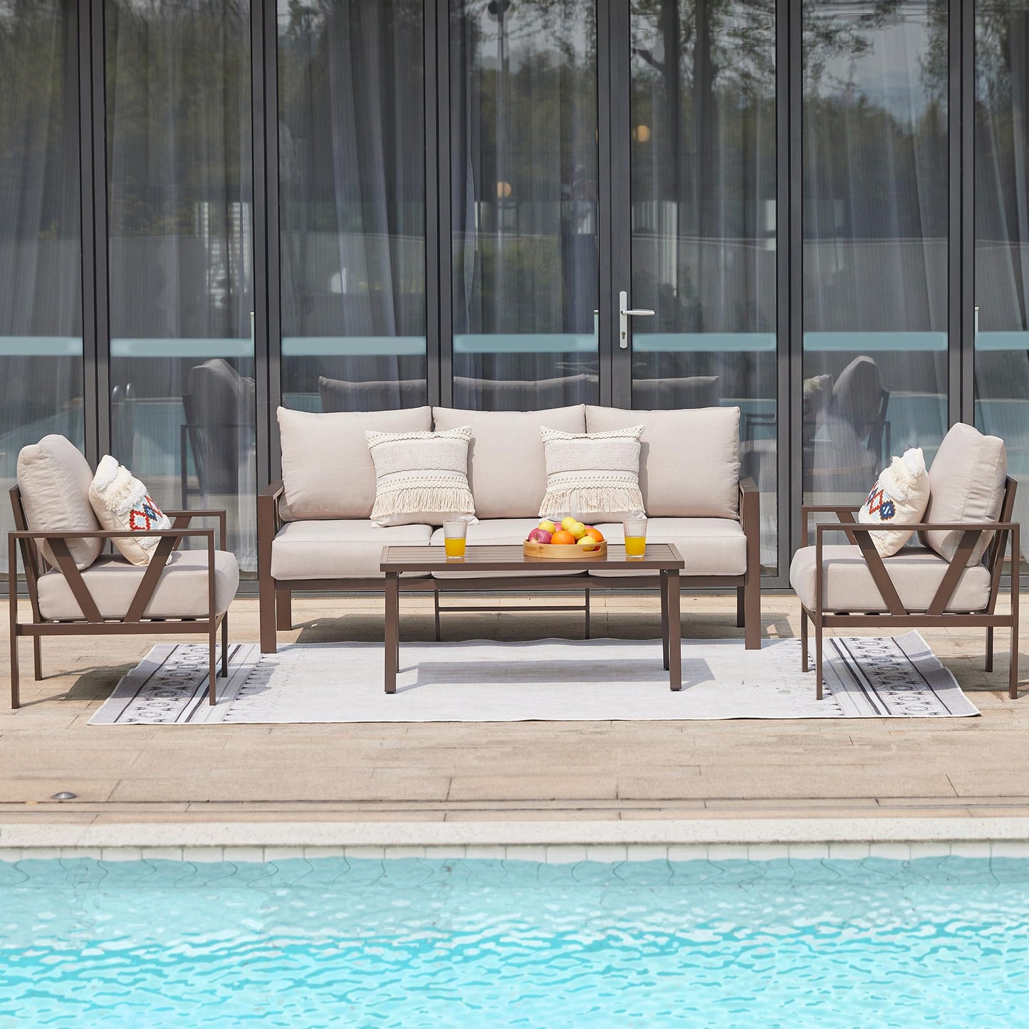 COMLAX FIELD Outdoor Patio Furniture Set, 4 Pieces Metal Patio Furniture Set with Coffee Table, Modern Outdoor Patio Conversation Seating Set, Beige