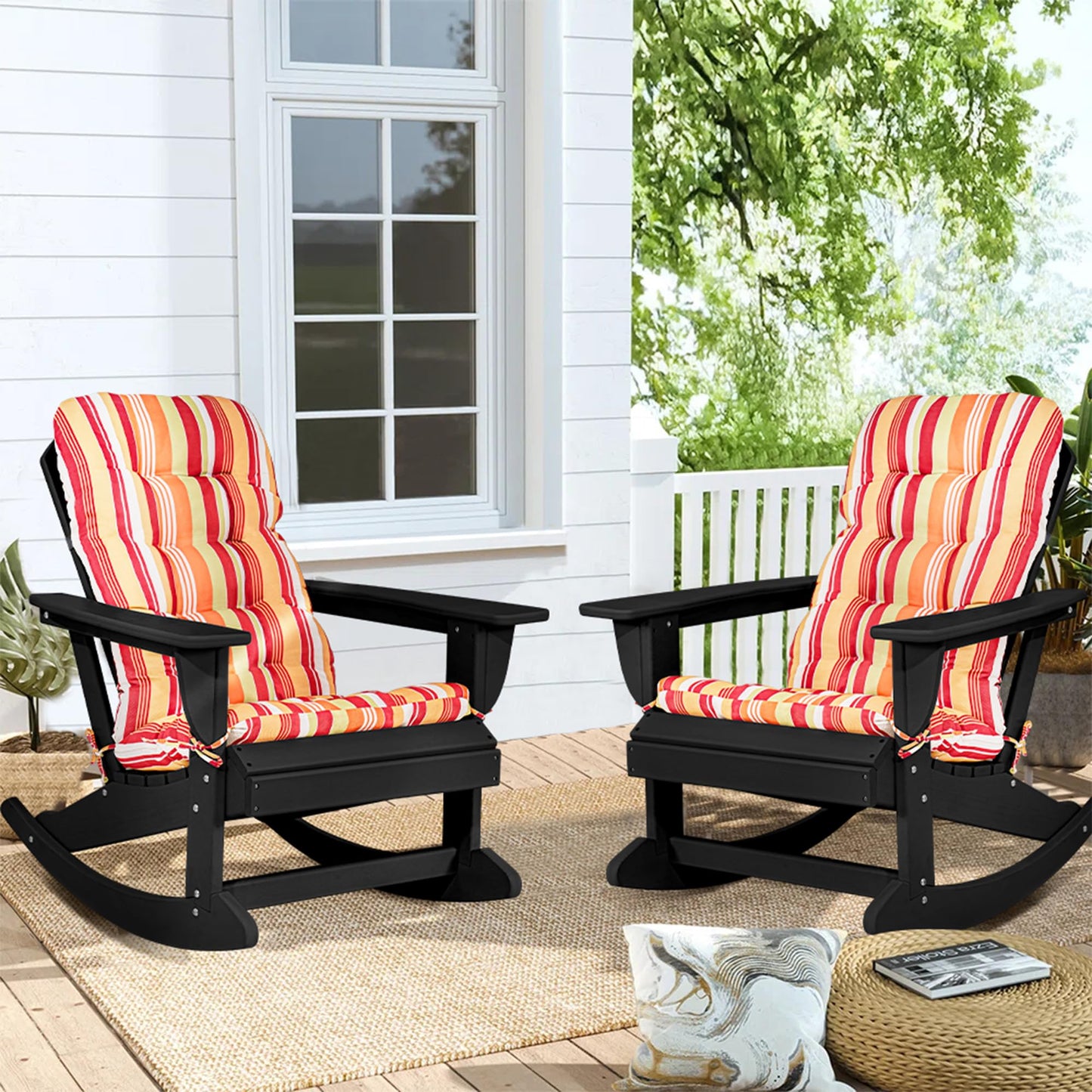 Sundale Outdoor Adirondack Rocking Chair with Cushion Set of 2, Patio Plastic All Weather HDPE Rocker for Proch, Water Resistant for Outside, Garden, Pool, Yard, Black