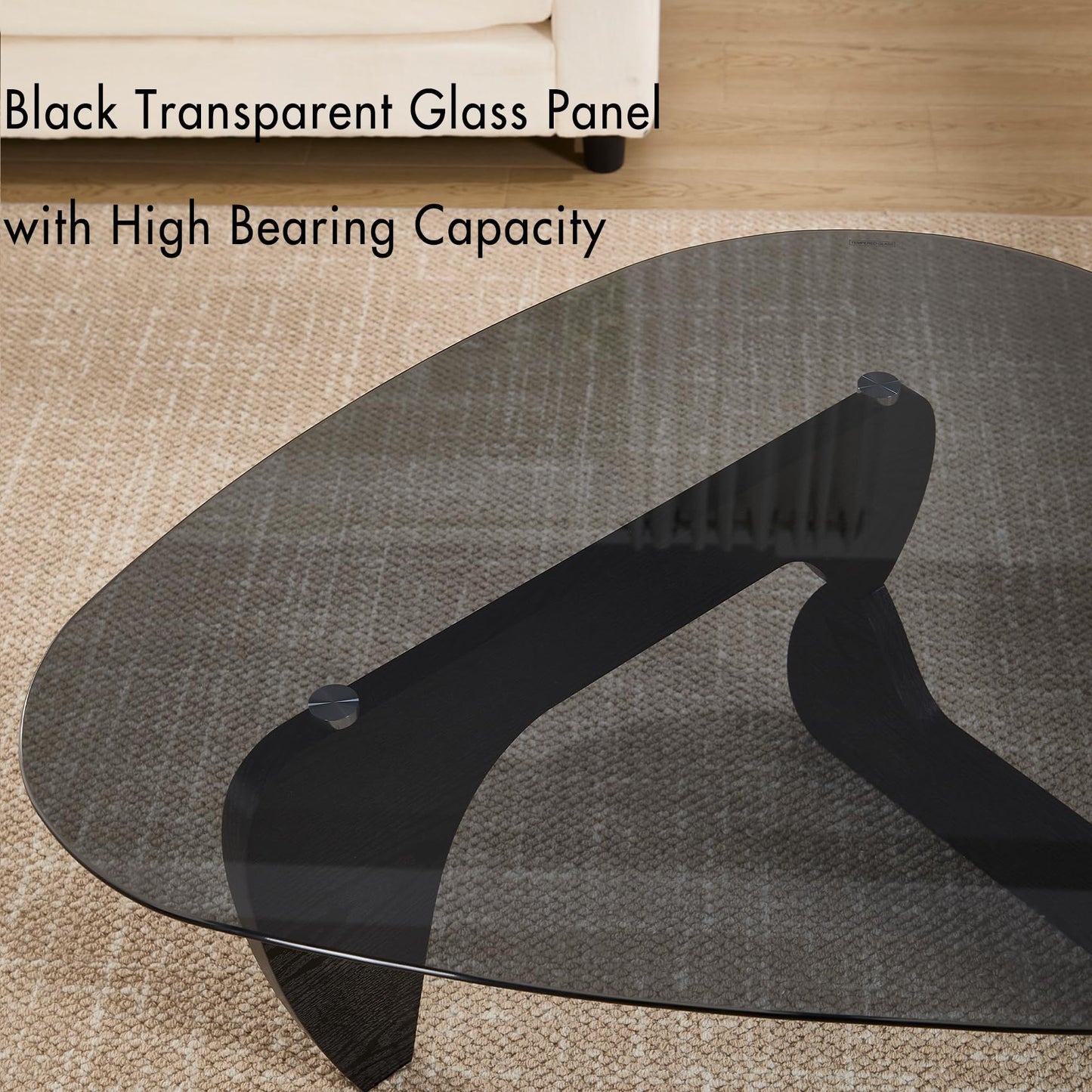 Hyfirm Small Glass Coffee Table, 32.5" Black Triangle Center Table with Solid Wood Base Abstract Contemporary Coffee Table for Living Room Office Patio, Grey