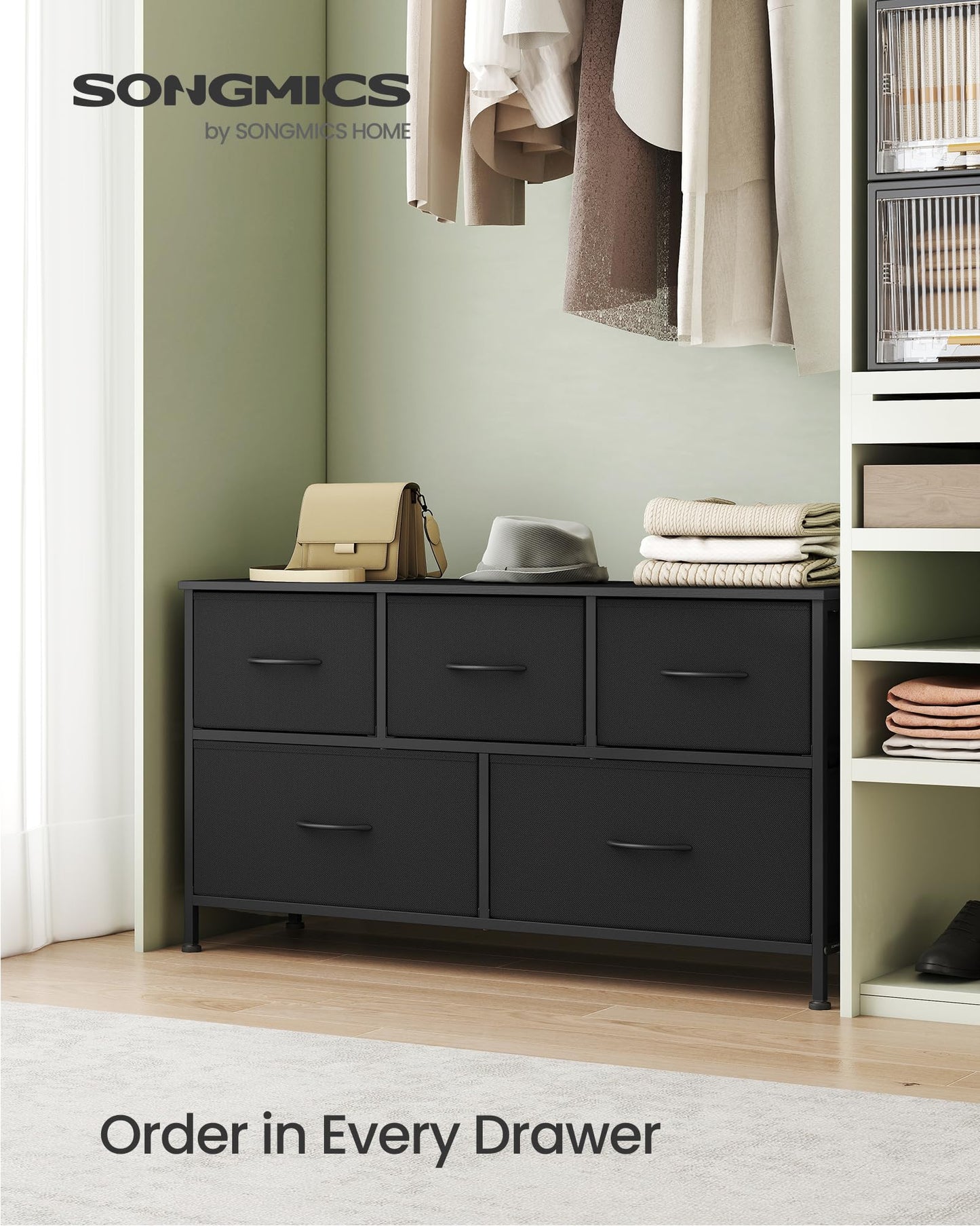 SONGMICS Dresser for Bedroom, Chest of Drawers, TV Stand, Steel, MDF, 5 Non-Woven Fabric Drawers, Storage Organizer Unit, Closet, Entryway, Ink Black and Ebony Black ULGS322B01S