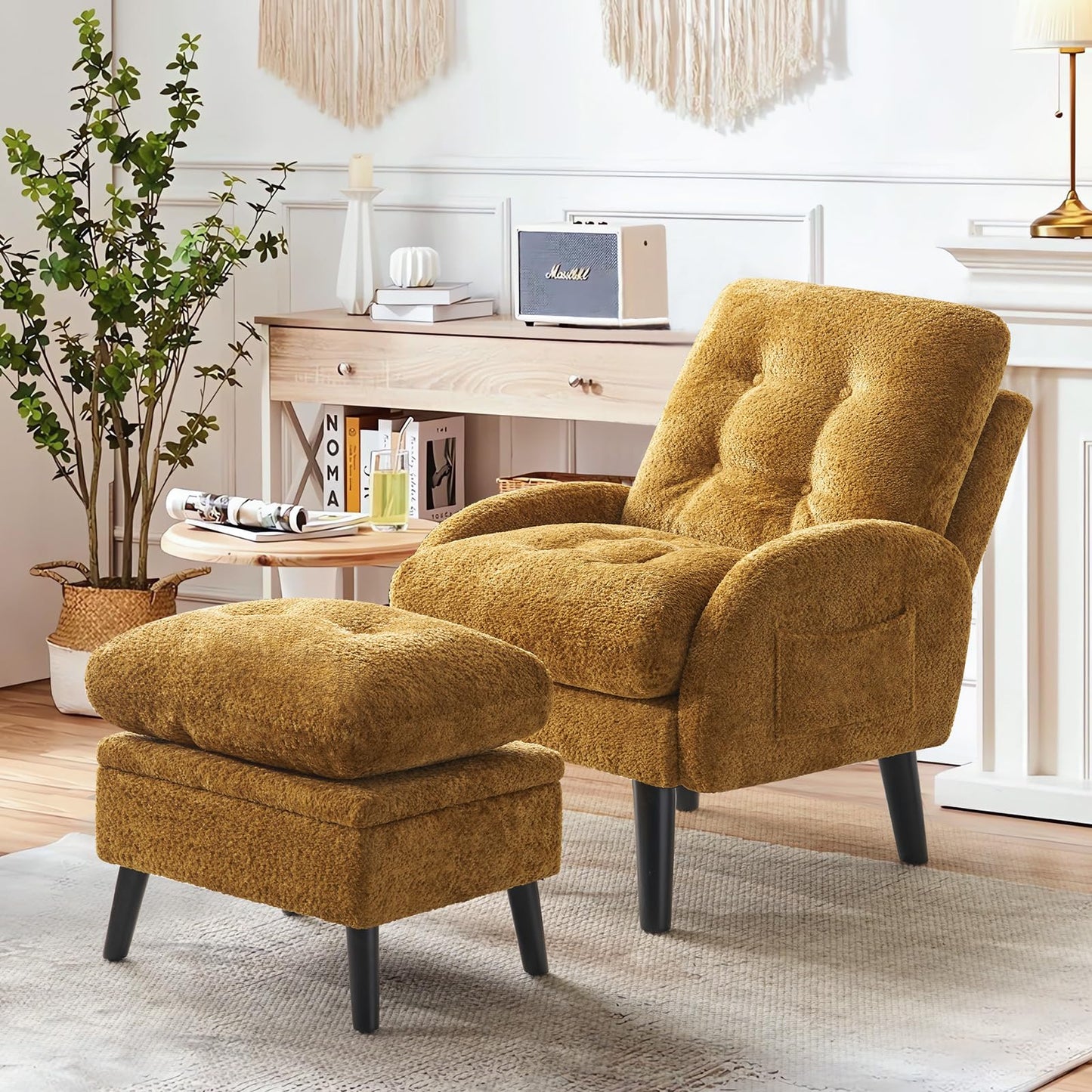 SENYUN Accent Chair with Ottoman Adjustable Backrest,Tufted Living Room Chair Upholstered Lounge Chair with Footrest Set, Modern Chair Cozy Reclining Chair for Reading Room (Chenille - Yellow)