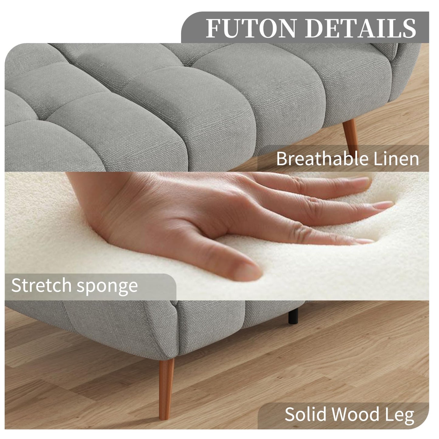 saows Futon Sofa Bed, Convertible 77" Modern Linen Futon Couch, Comfy Sleeper Sofa with Adjustable Backrests, Couch Bed for Small Spaces, Living Room, Bedroom, Apartment, Gray