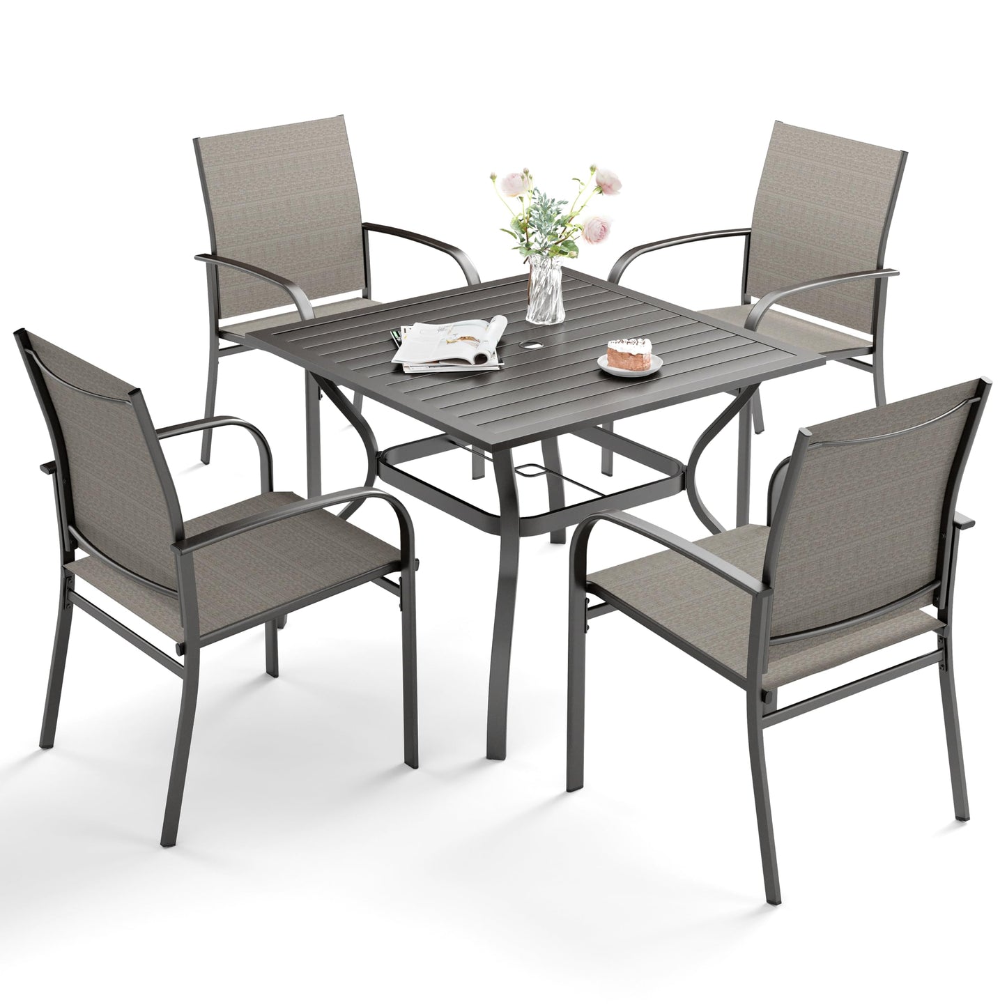 SUNSHINE VALLEY 5 Piece Patio Dining Set for 4, 37”x37” Square Table with Umbrella Hole, 4 Metal Brown Chairs, Outdoor Table and Chairs Set for Lawn Backyard and Deck