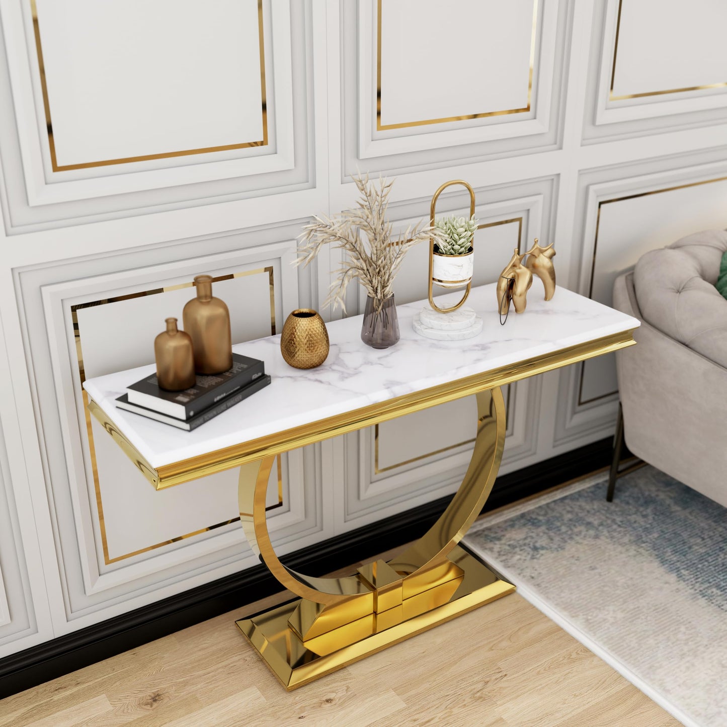 Asday Gold Console Table, 50 Inch Glam White and Gold Entryway Table with U-Shaped Base, Polished Gold Entrance Table with White Top for Entryway, Hallway, Foyer
