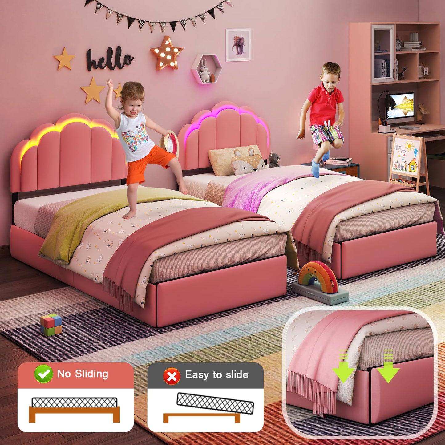 SADENICEL Twin Upholstered LED Bed Frame with Storage Drawer, Chic Double Wavy Headboard, Velvet Princess Platform Bed, Solid Wood Slats Support,No Box Spring Needed, Pink