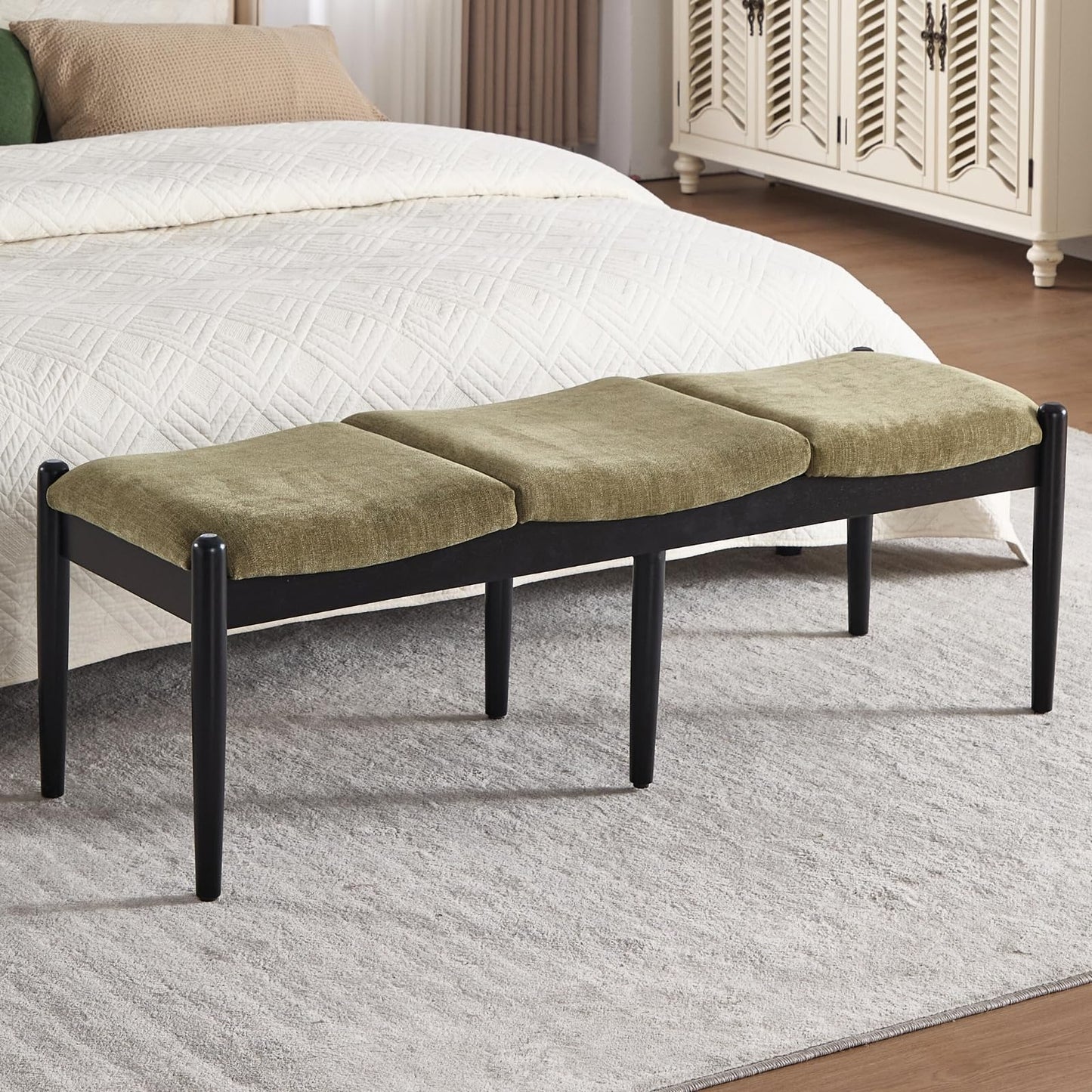 DUOMAY 55'' Modern Ottoman Bench, Chenille Upholstered Entryway Bench Bedroom Bench with Wood Legs, End of Bed Bench for Bedroom, Living Room, Corners, Kitchen, Green
