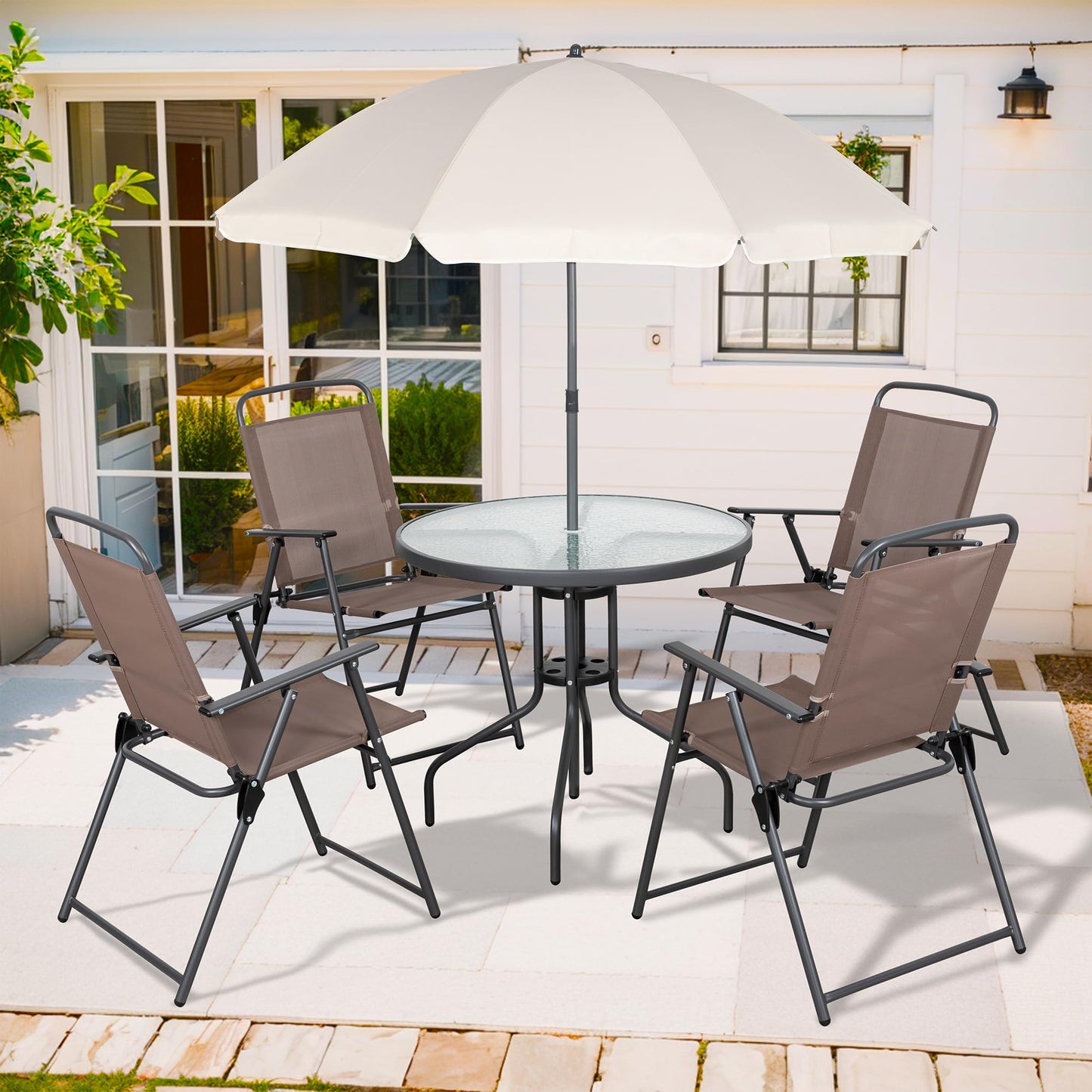 Shintenchi 6 Piece Patio Dining Set with Umbrella, Outdoor Furniture Set with 4 Folding Chairs and Tempered Glass Top Dining Table fot Lawn Backyard Garden Porch Brown and Beige