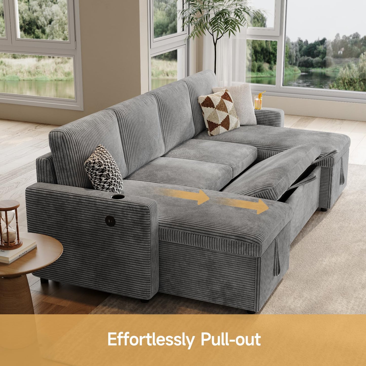 ONBRILL Sleeper Sofa with Pull Out Couch Bed,U Shaped Convertible Modular Sectional Couch with Double Storage Chaise,Couches for Living Room,Corduroy,Grey