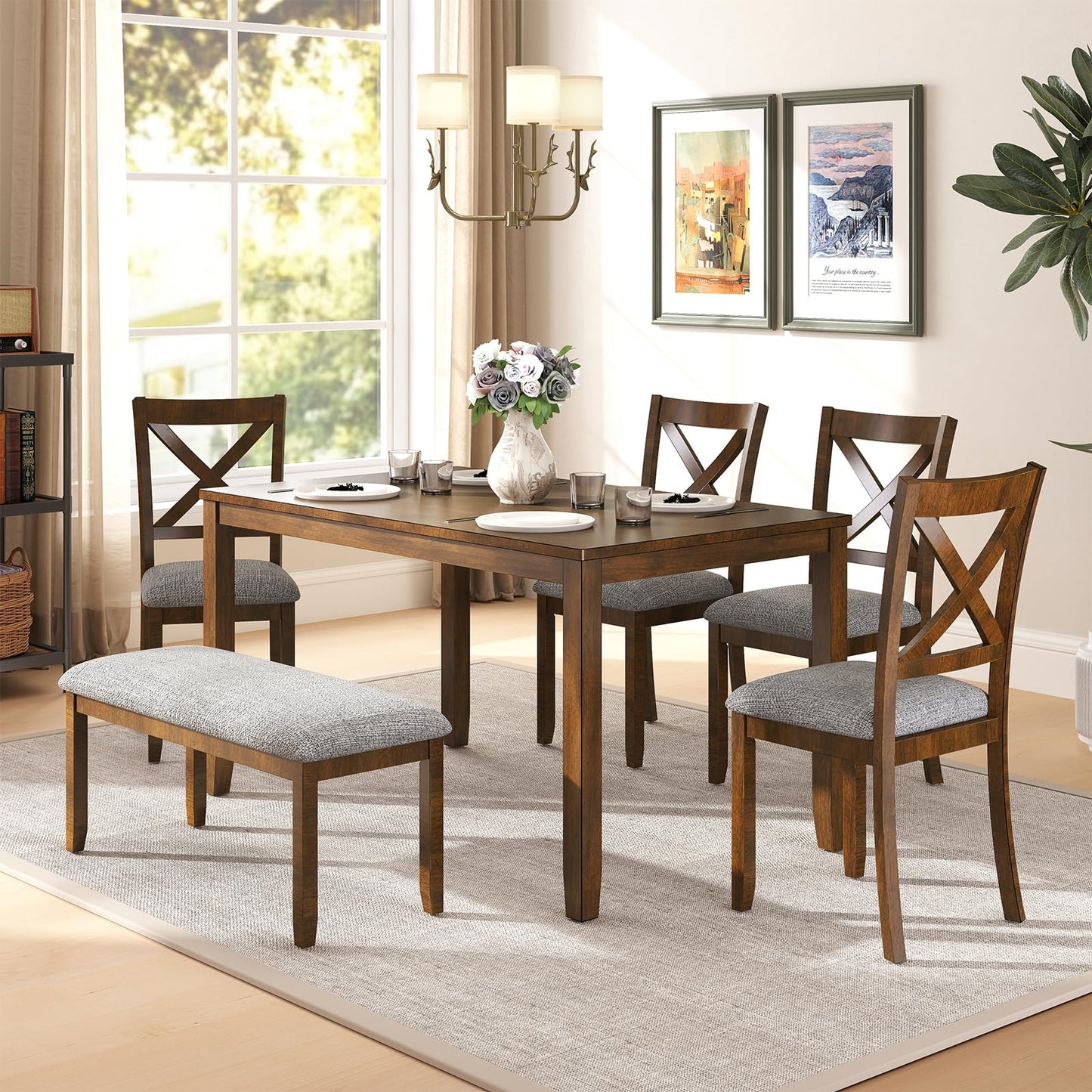 Zevemomo 6-Piece Solid Wood Dining Table Set, Including 1 Dining Table, 4 Upholstered Chairs and 1 Bench, Wooden Dining Table Set for Kitchen, Dining Room, Walnut