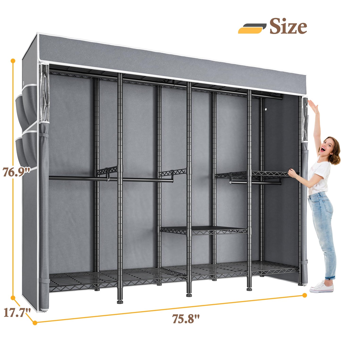 Raybee Clothes Rack with Cover, Metal Heavy Duty Clothing Rack for Hanging Clothes, Adjustable Wardrobe Closet Loads 1100 LBS,17.7" D x 75.8" W x 76.9" H,Black