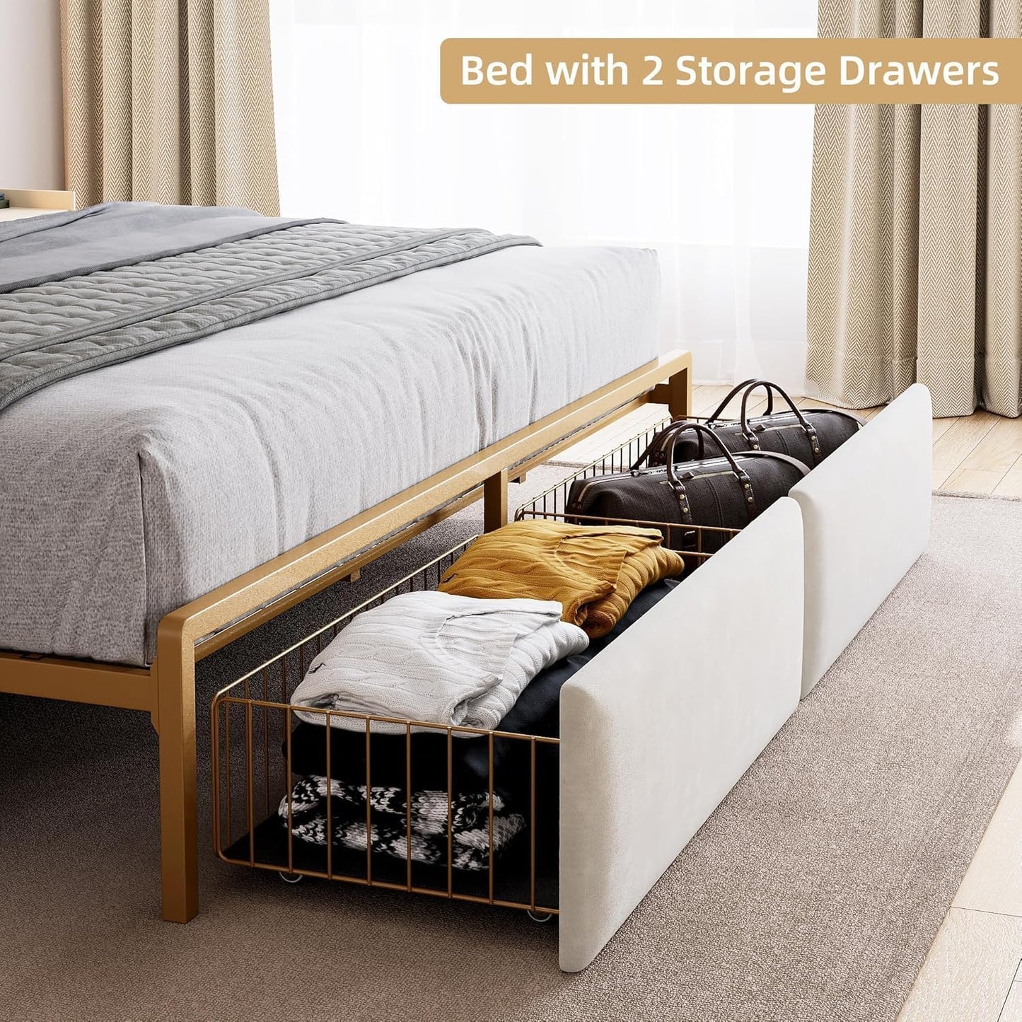 GAOMON King Size Bed Frame with Storage Headboard and Charging Station, Metal Platform Bed Frame with 2 Storage Drawers and LED Lights, Noise-Free, No Box Spring Needed, Rustic White