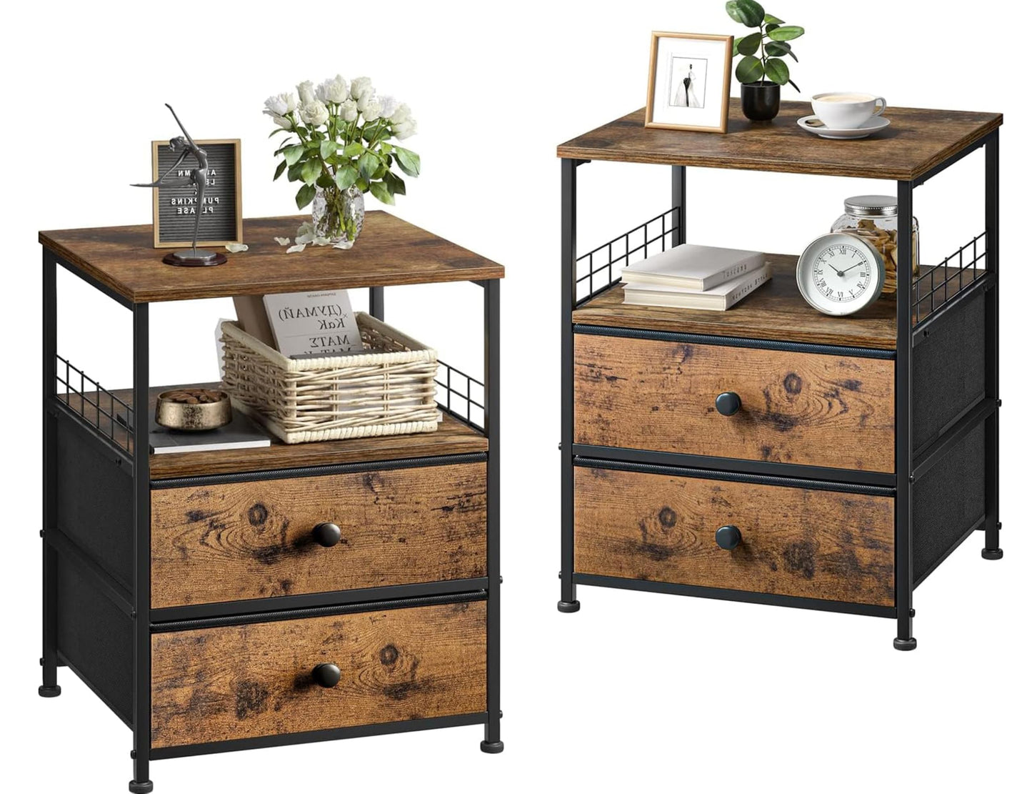 Nightstand Set of 2, 17.8"W Bedside Table with Fabric Drawers and Open Wood Shelf Storage, Safety Netting on 2 Sides of Bedside Table,Night Stand for Bedroom,Closet, Hallway, Dorm, Rustic Brown