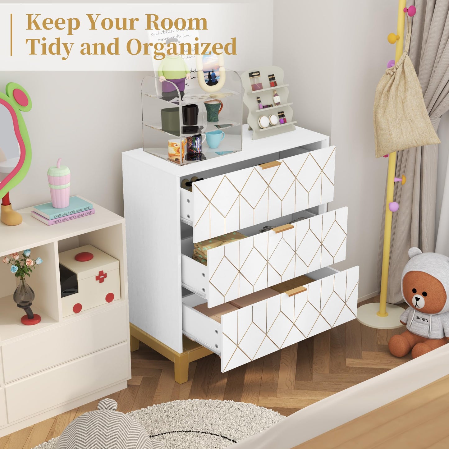 HLR 3 Drawer Dresser for Bedroom, Modern Wood Chest of Drawers with Gold Trim, Accent Dresser Storage Tower, White Organizer Cabinet for Closet, Living Room, Hallway, Entryway
