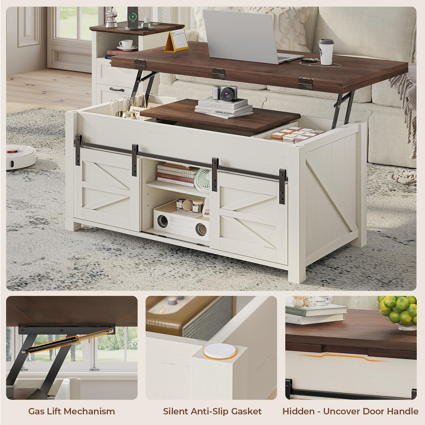 UPOSOJA Lift Top Coffee Table for Living Room with 4 Sliding Barn Doors, 4 in 1 Farmhouse Coffee Table with Adjustable Shelves and Hidden Storage Compartment, Converts to Dining Table (Brown White)