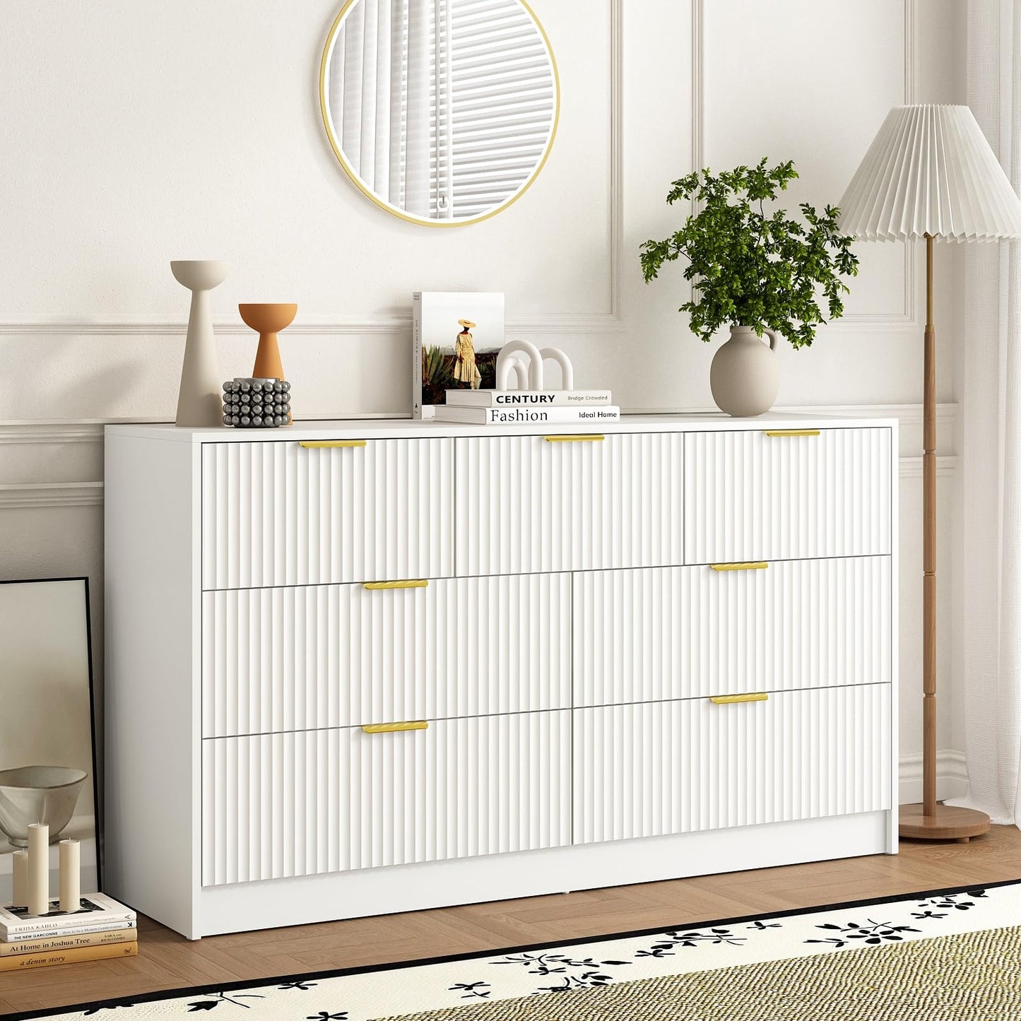 Sscaktu 7 Drawers Dresser for Bedroom,55" Wide Fluted Dresser with Deep Drawers, Modern Chest of Drawers, Wood TV Stand Storage Organizer for Closet, Living Room, Hallway, White