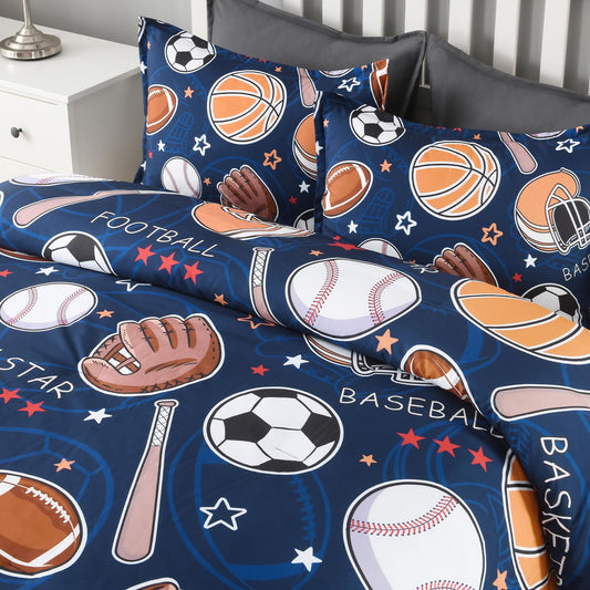 Andency Cartoon Ball Games Comforter Twin(66x90 Inch), 2 Pieces(1 Comforter, 1 Pillowcase) Soccer Basketball Baseball Football Comforter Set Sport Microfiber Bedding Set for Boys Girls Kids Teens