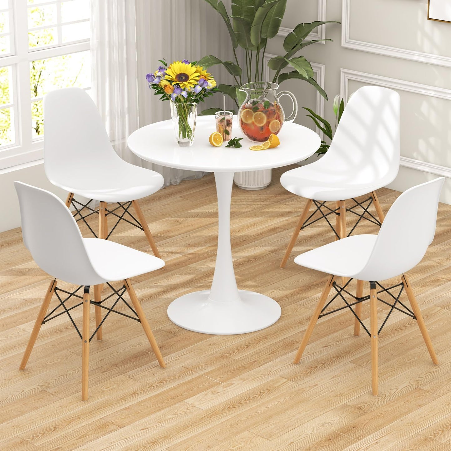 Tangkula Round Dining Table Set for 4, Kitchen Table Set with Seat & Solid Wood Legs, Round Kitchen Table and Chairs for Small Space, White