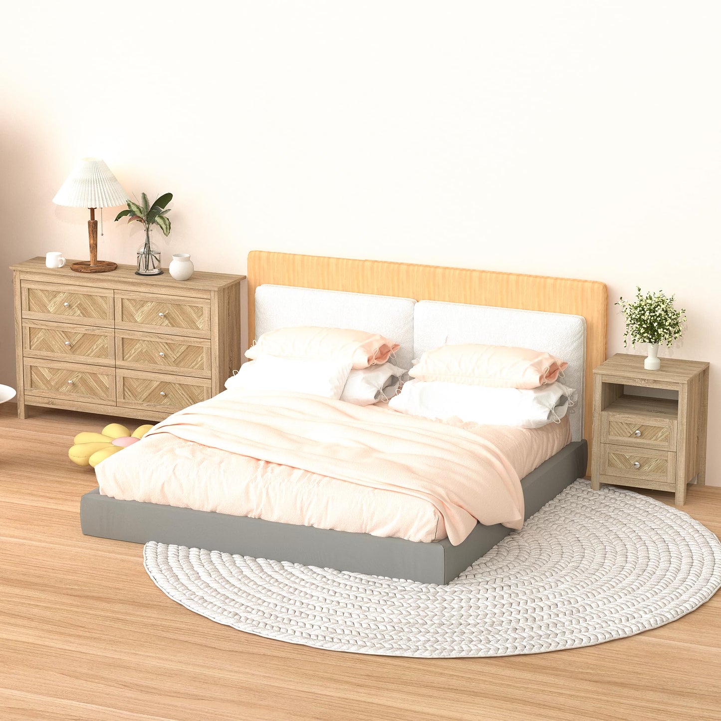 HXZDZ 3 Pieces Bedroom Set with 6 Drawer Dresser and 2 Drawer Nightstands, Wooden Dresser and Nightstands for Bedroom, Natural Wood Grain