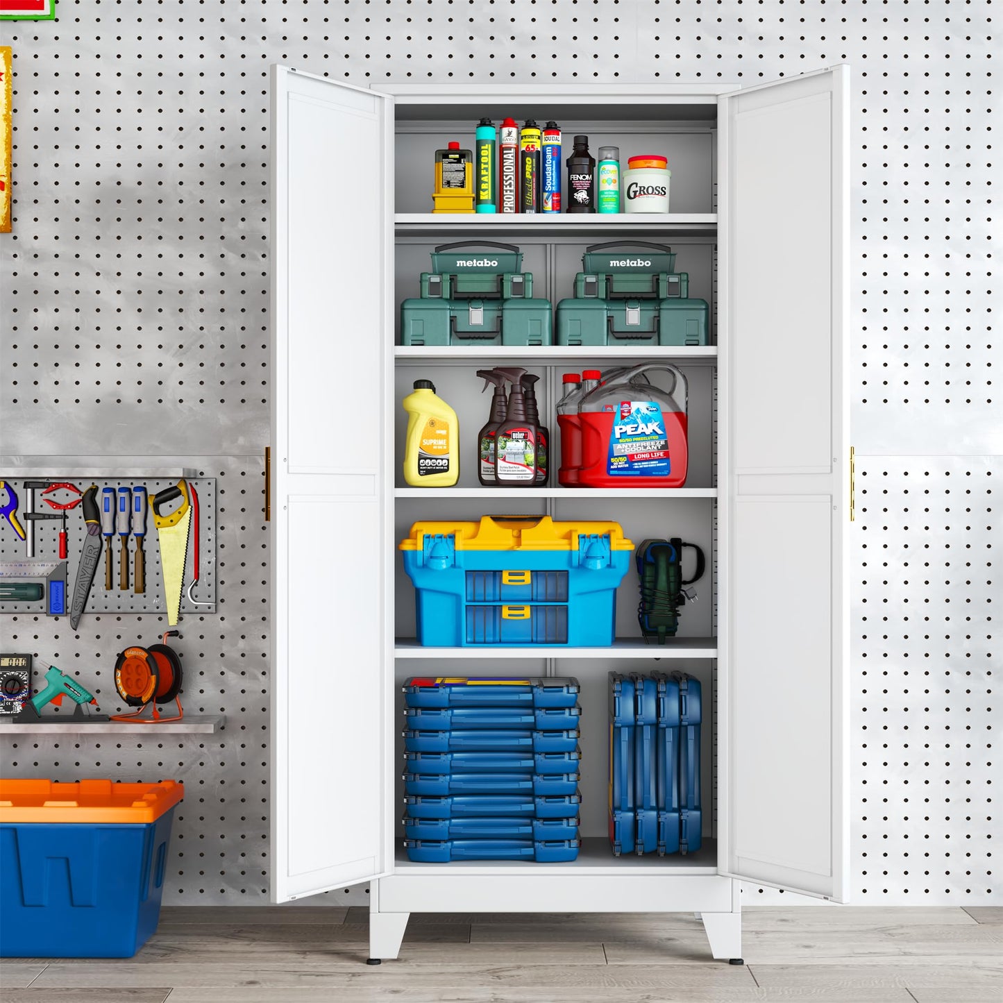 erosoei 75.2”H Metal Kitchen Pantry Storage Cabinet, Storage Cabinets with Adjustable Feet and Shelves,Food Pantries Cupboard for Kitchen, Living Room, Laundry Room and Dinning Room（White）