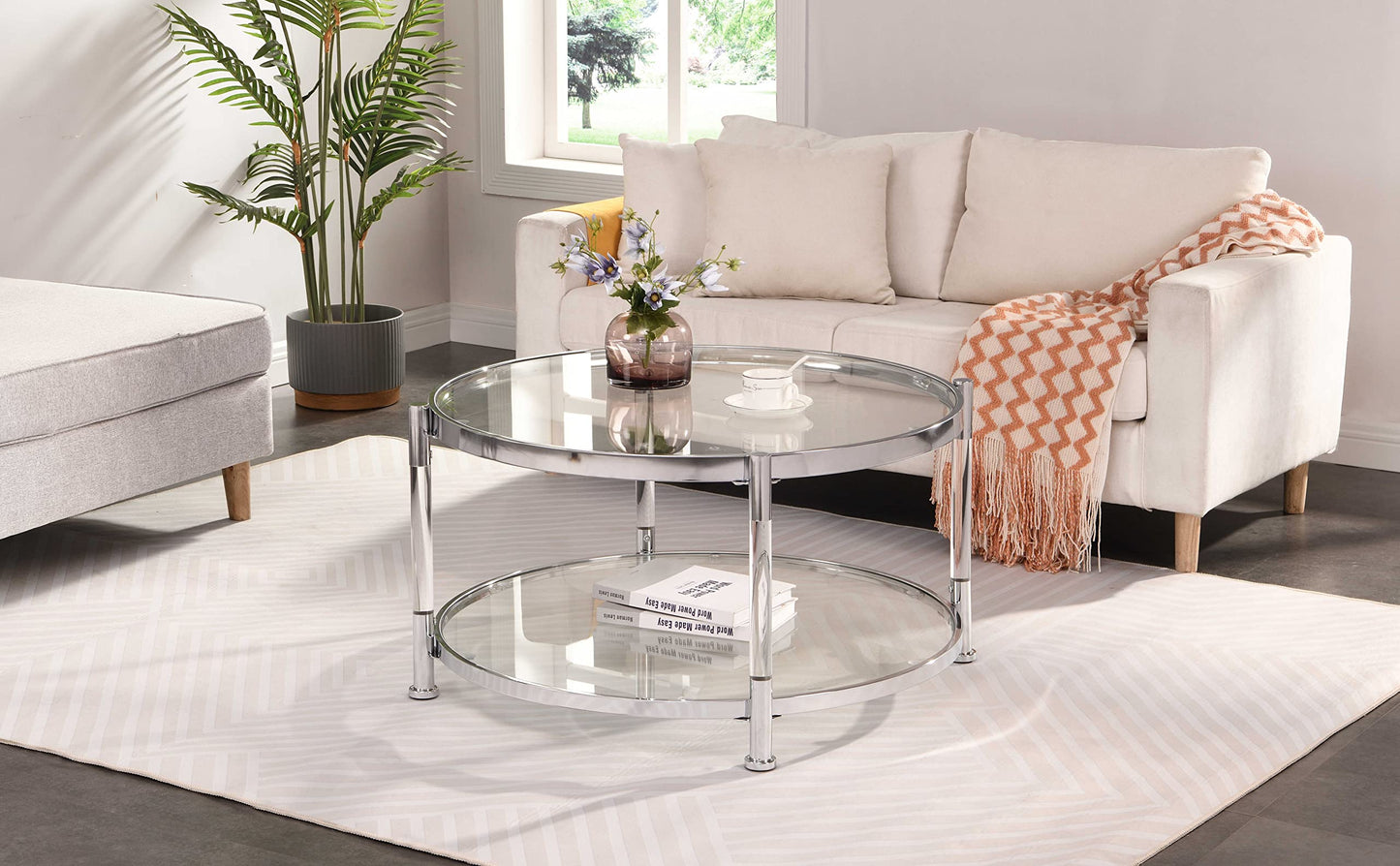 Lasadelgar Tempered Glass Round Coffee Table, 32.3" Modern Acrylic Legs Circle Coffee Table for Living Room