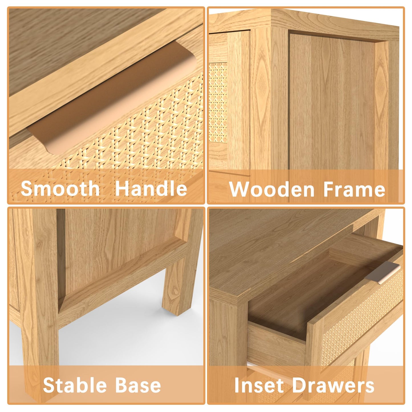 BTDWI Wood 5 Dresser for Bedroom, Wide Rattan Drawer with Gold Handle for Bed Room, Hallway, Rustic Oak