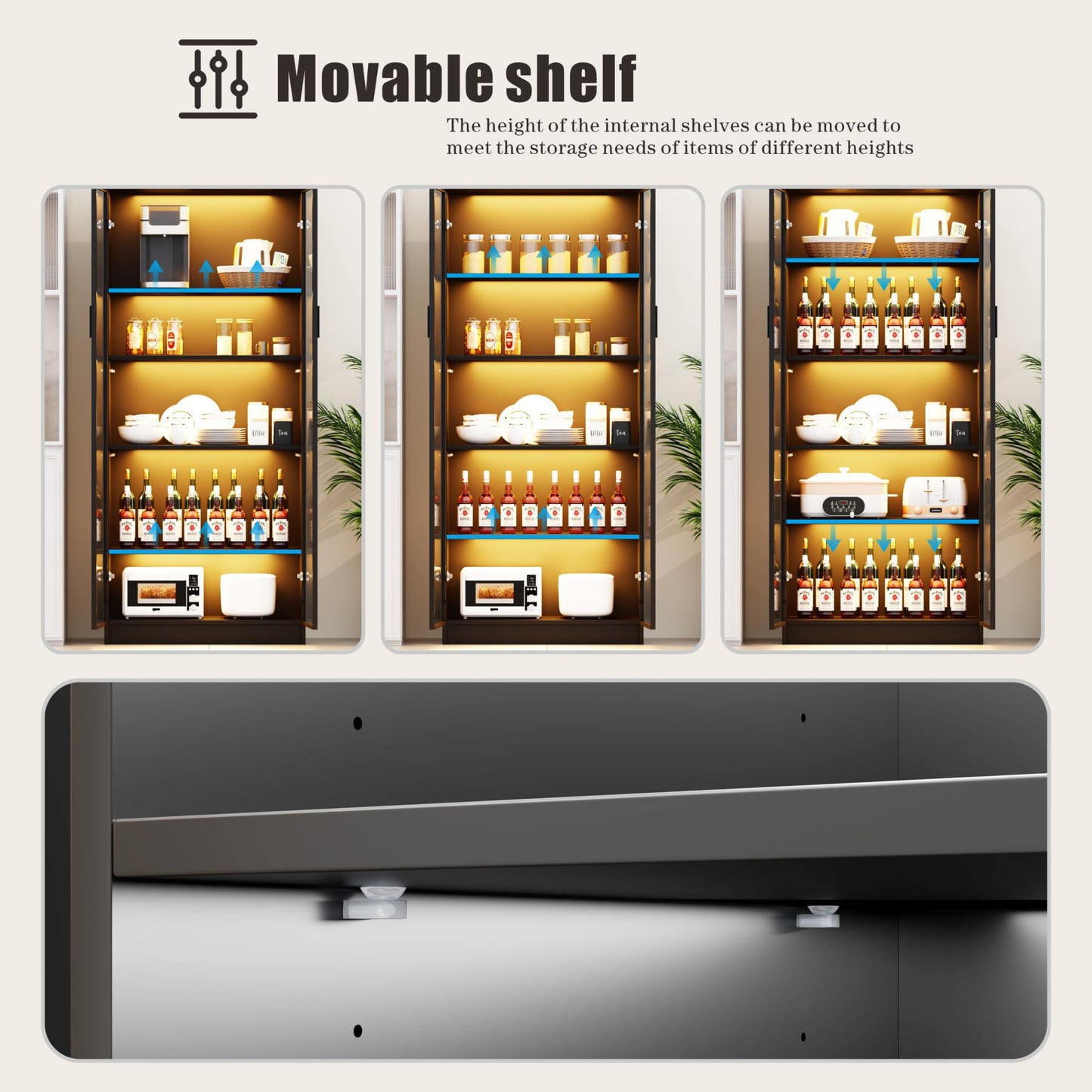Display Cabinet with Doors and Adjustable Shelves, 65" Tall Bookcase with LED Lights/Human Sensor, 5 Tier Display Case for Collectibles Bedroom Living Room Office, Black