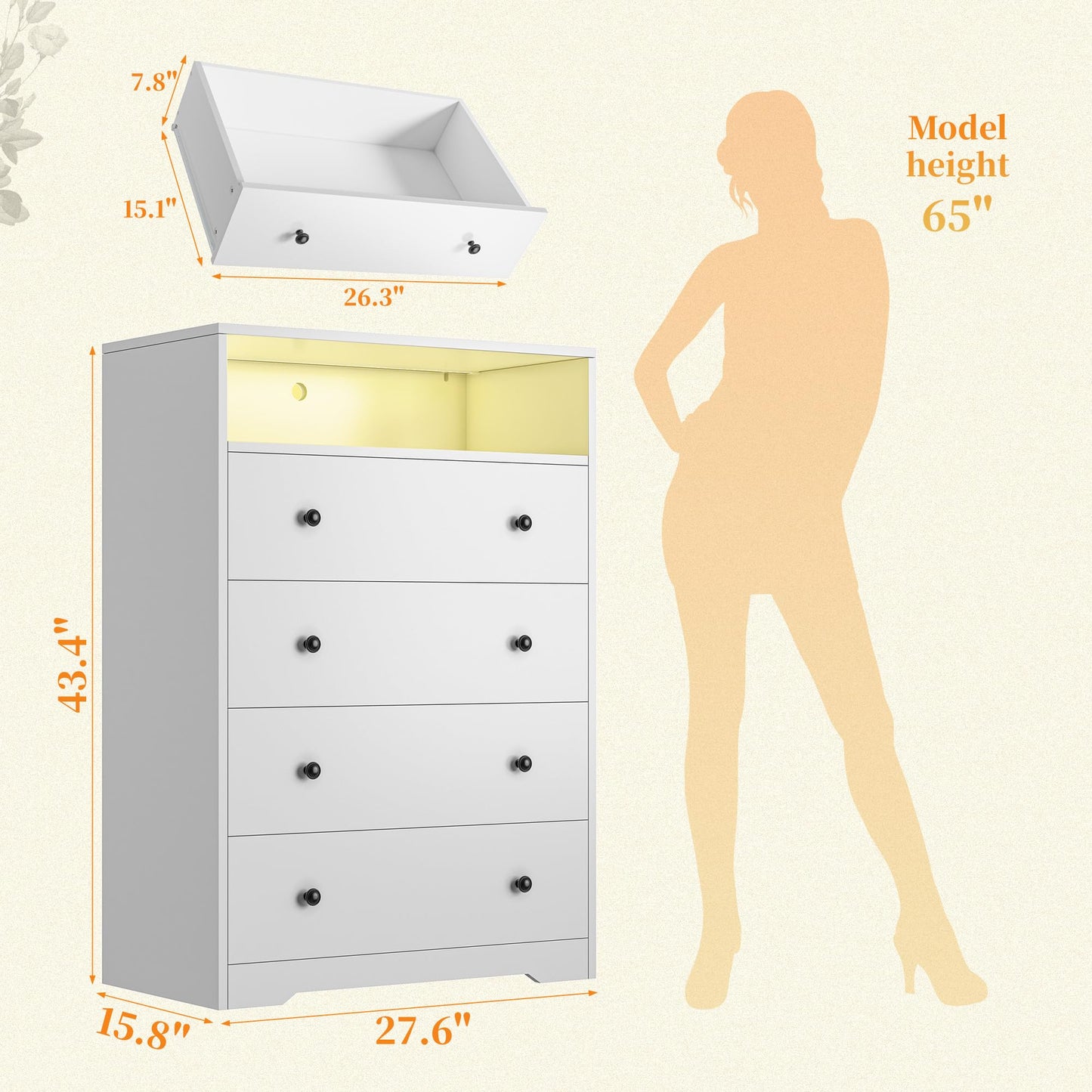 Homkdom White Dresser with LED Light, Tall Dresser with 4 Drawers & 1 Shelves, Chest of Drawers for Bedroom, Hallway, Entryway, 43.4" H x 27.6" W x15.8 D