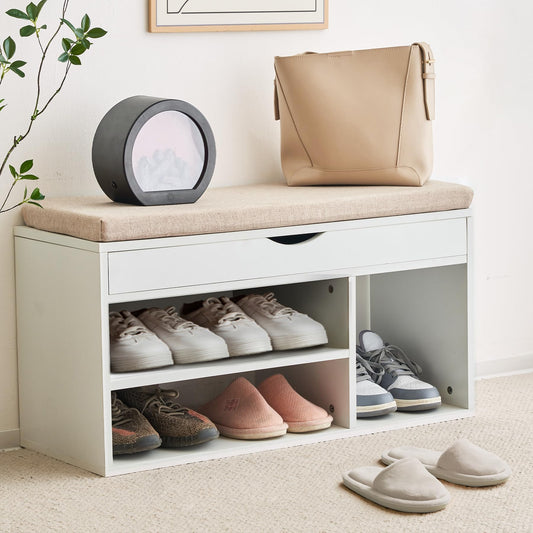 Apicizon 31 Inches Storage Bench, Shoe Bench with Flip Top Storage Space and Padded Cushion, Wooden Entryway Bench for Entryway, Living Room, 2-Tier Shoe Rack Organizer, White