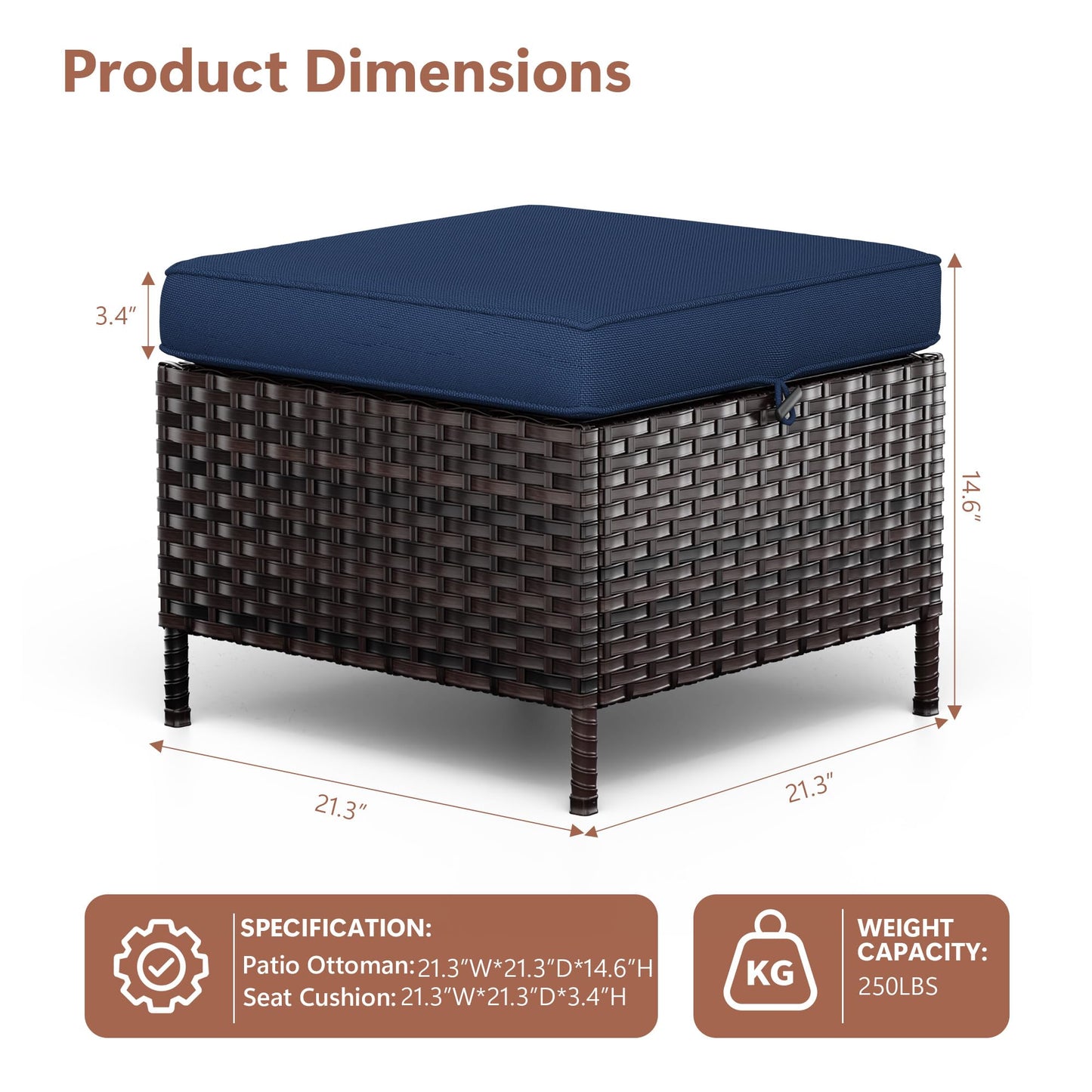 MaxMulti Patio Ottomans Set of 2, All-Weather Outdoor Wicker Ottoman with Thick Removable Cushion, 2 Piece Patio Footrest PE Rattan Ottomans for Garden, Porch, Poolside (Blue)