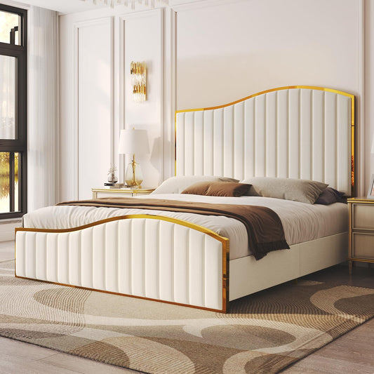 AMERLIFE Queen Size Bed Frame, 61.4" High Headboard Platform Bed Velvet Upholstered with Gold Trim & Footboard/Wooden Slats/No Box Spring Required/Cream