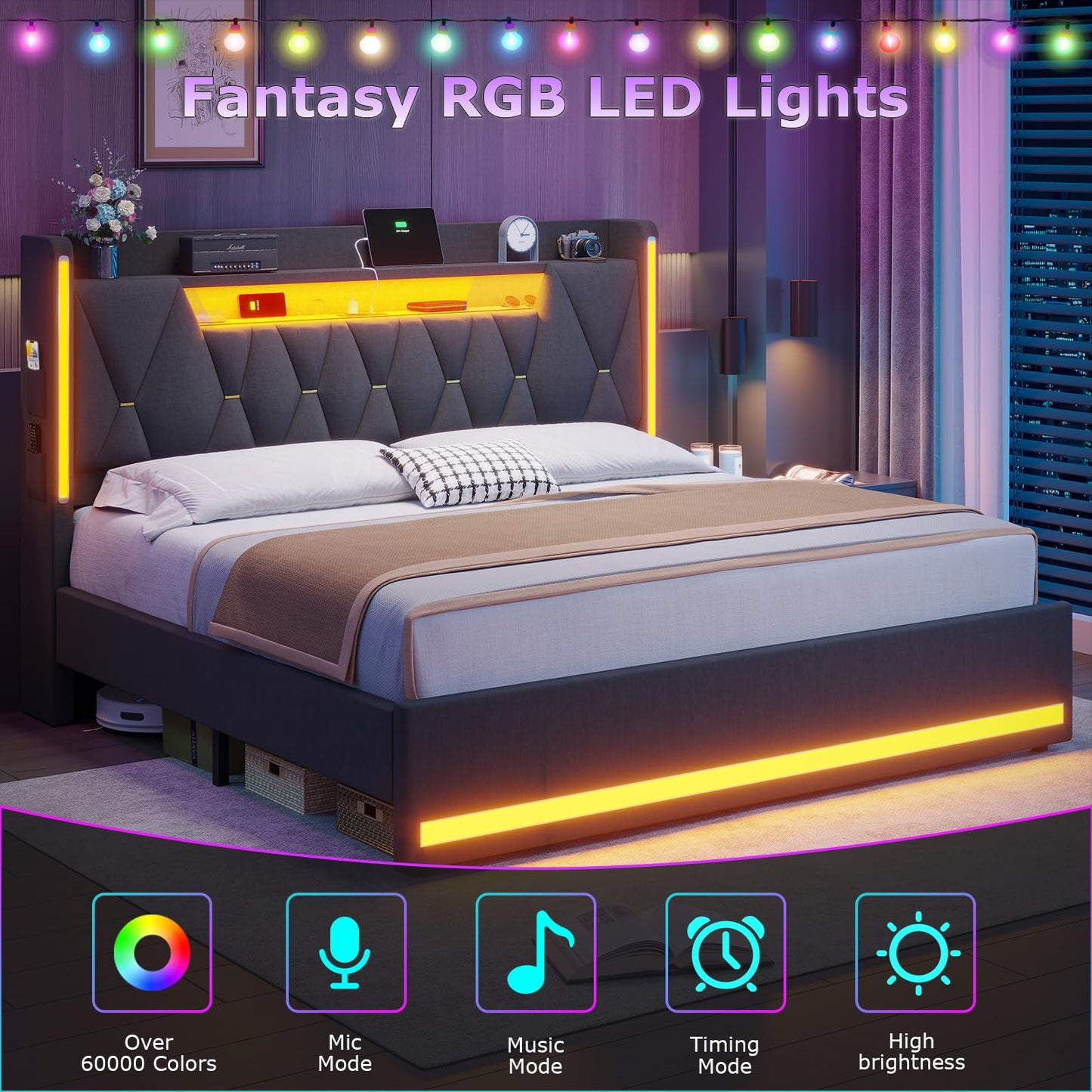BYSAUD King Size Bed Frame with LED Lights & Charging Station, LED King Bed with Hidden Space and 2-Tier Shelves, Upholstered Metal Bed Frame with Headboard, No Box Spring Needed, Dark Gray, Linen