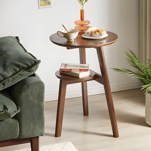 Cttasty Side Table, 2-Tier Round End Tables Living Room, Mid Century Modern Side Table, Round Nightstand, Oak Accent Table, Small Round Coffee Table, 16.54" Dia.x 23.62" H(Walnut)