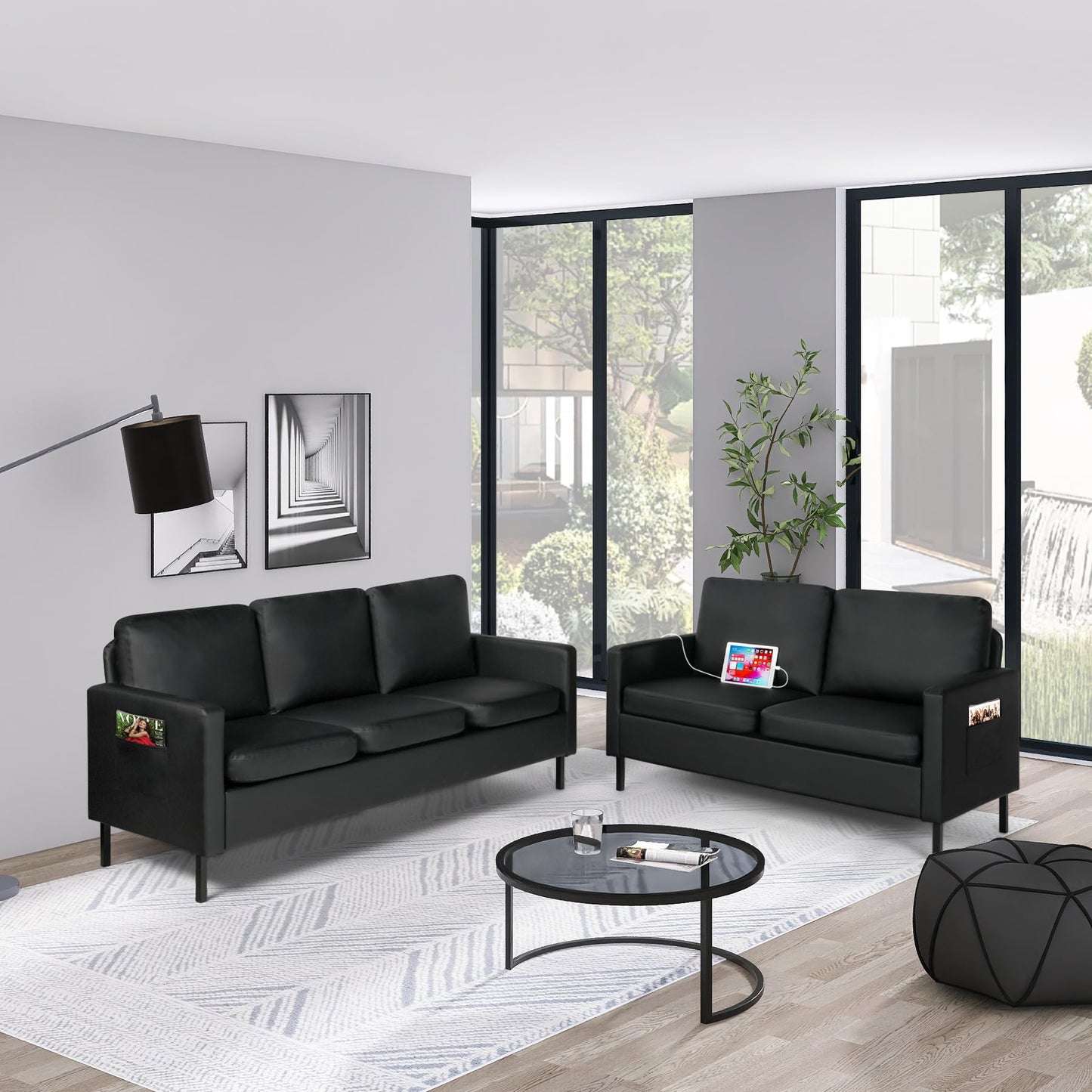 STHOUYN 72" W Faux Leather Black Sofa 3 Seat Couch, Modern Comfy Couch with 2 USB, Small Couches for Living Room Apartment Bedroom Small Spaces, Office(Black (Sofa))