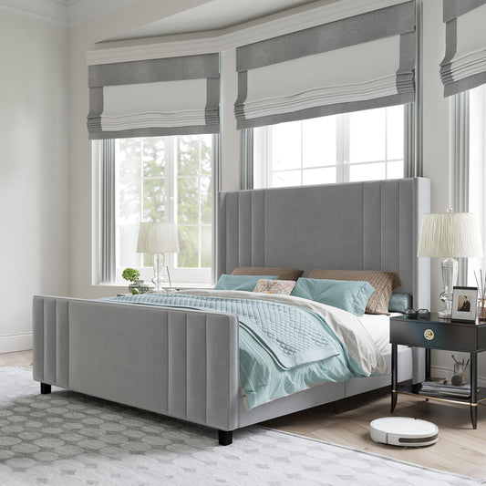 AMERLIFE King Size Bed Frame, Velvet Upholstered Platform Bed with Vertical Channel Tufted Headboard & Footboard/Wingback, Mattress Foundation with Wood Slats, No Box Spring Needed, Light Grey