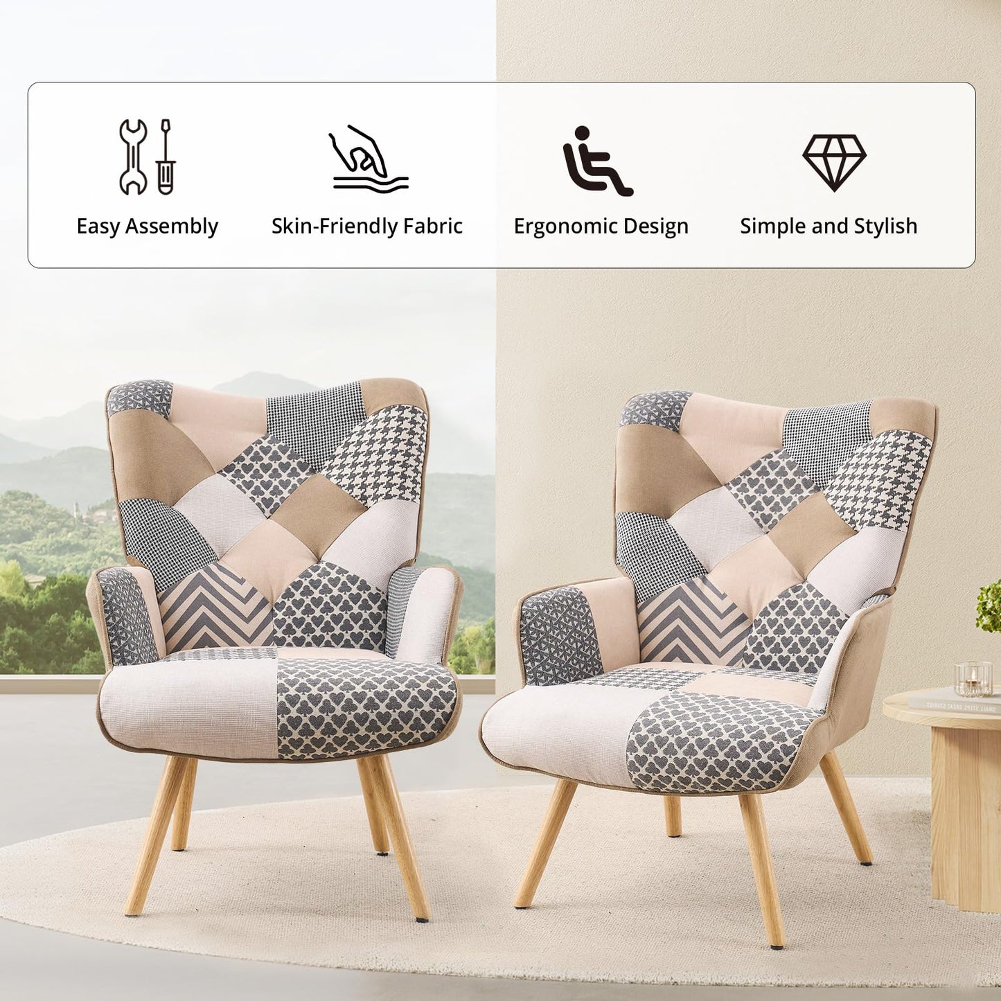 Joysoul Living Room Accent Chair Modern High Back Arm Chair, Grey Plaid Chairs for Bedroom Waiting Room