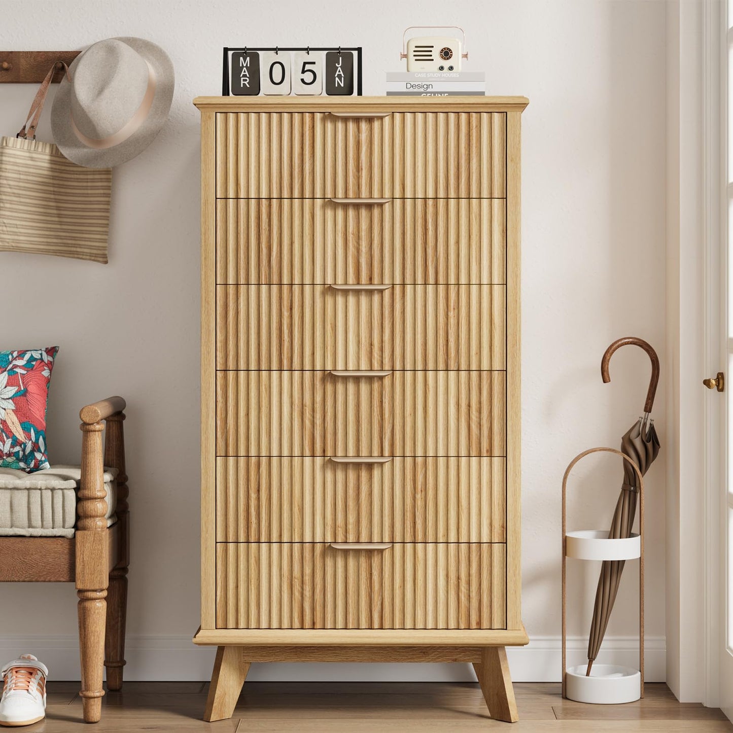 QUW Fluted 6 Drawer Dresser for Bedroom, Modern Tall Chest of Drawers with Metal Handle, Large Wood Storage Chest Organizer Accent Storage Cabinet for Living Room, Hallway, Entryway, Natural Oak