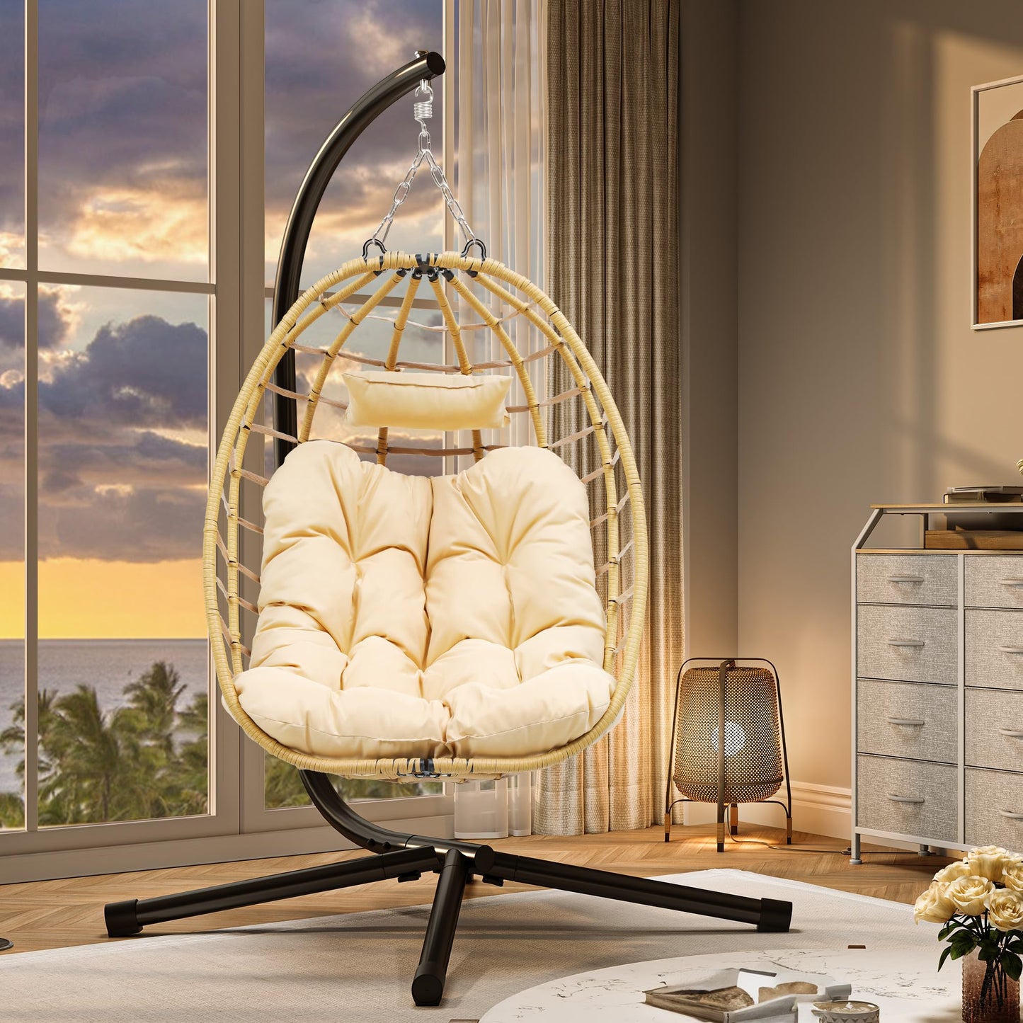 YITAHOME Egg Chair Swing Hanging Outdoor Wicker Hammock Chairs Indoor with Steel Stand UV Resistant Cushion 330lbs for Patio, Bedroom, Garden and Balcony - Beige